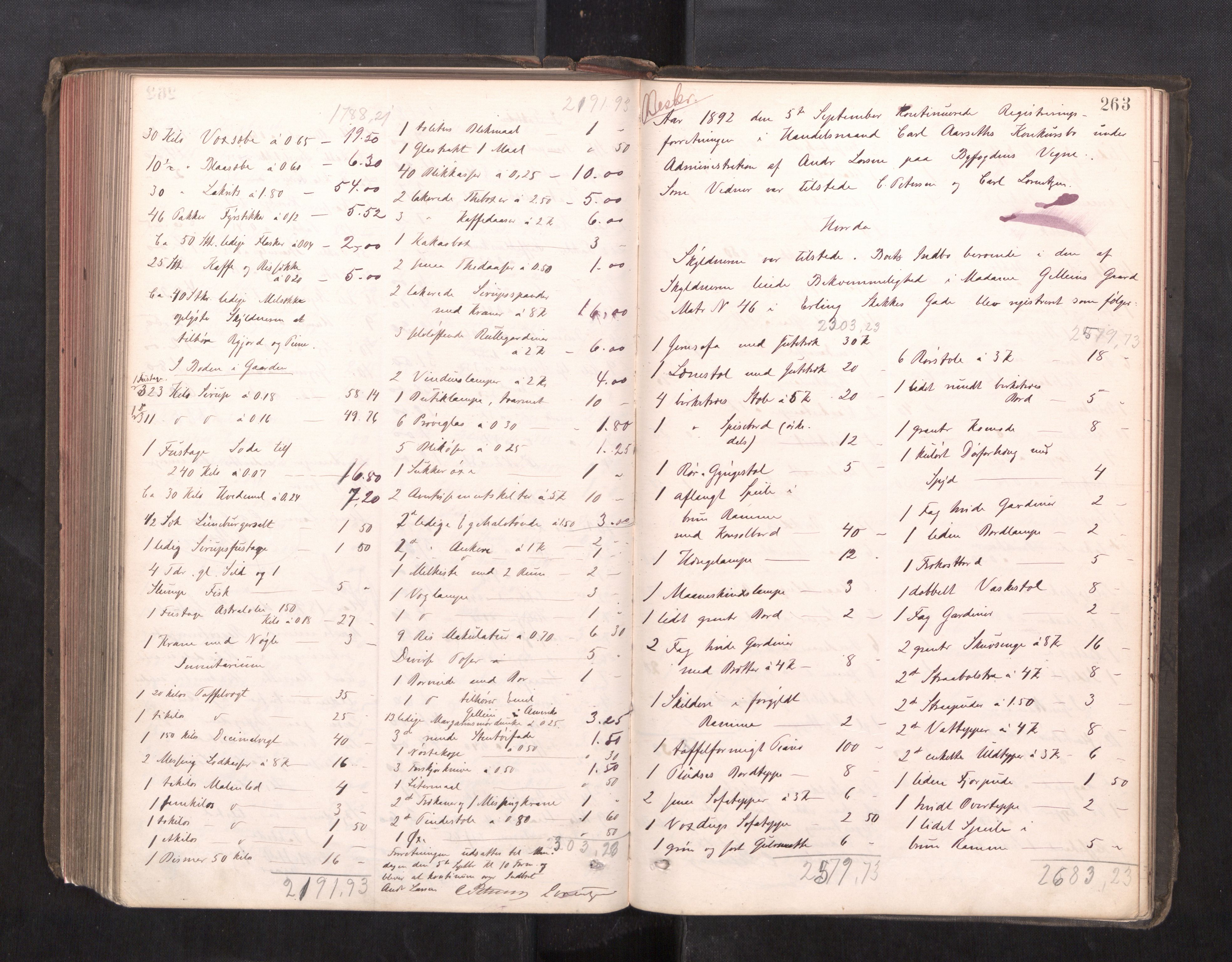 Trondheim byfogd, AV/SAT-A-0003/1/3/3C/L0013: Skifteregistreringsprotokoll - 19/7-14/8. (u/ register), 1887-1893, p. 263