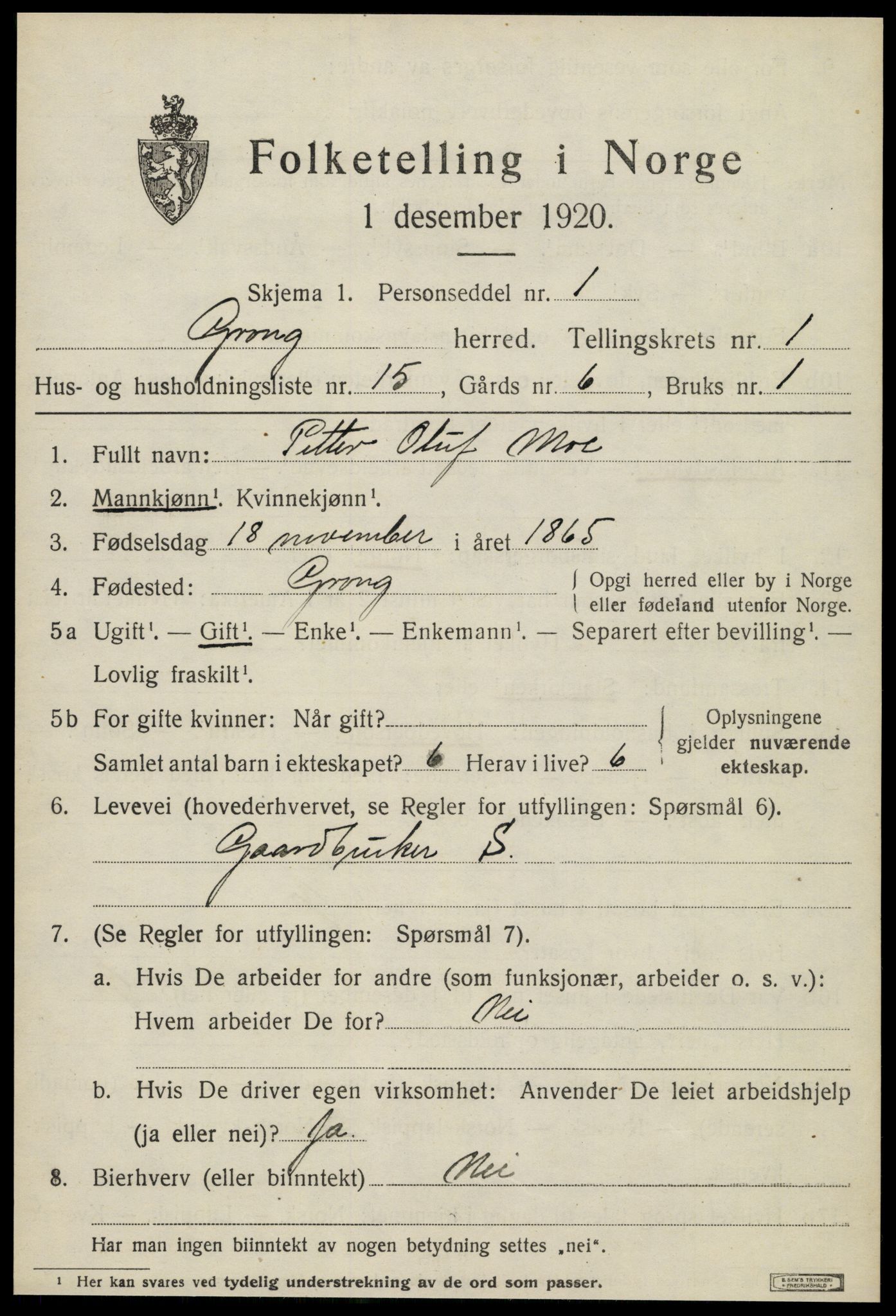 SAT, 1920 census for Grong, 1920, p. 1201