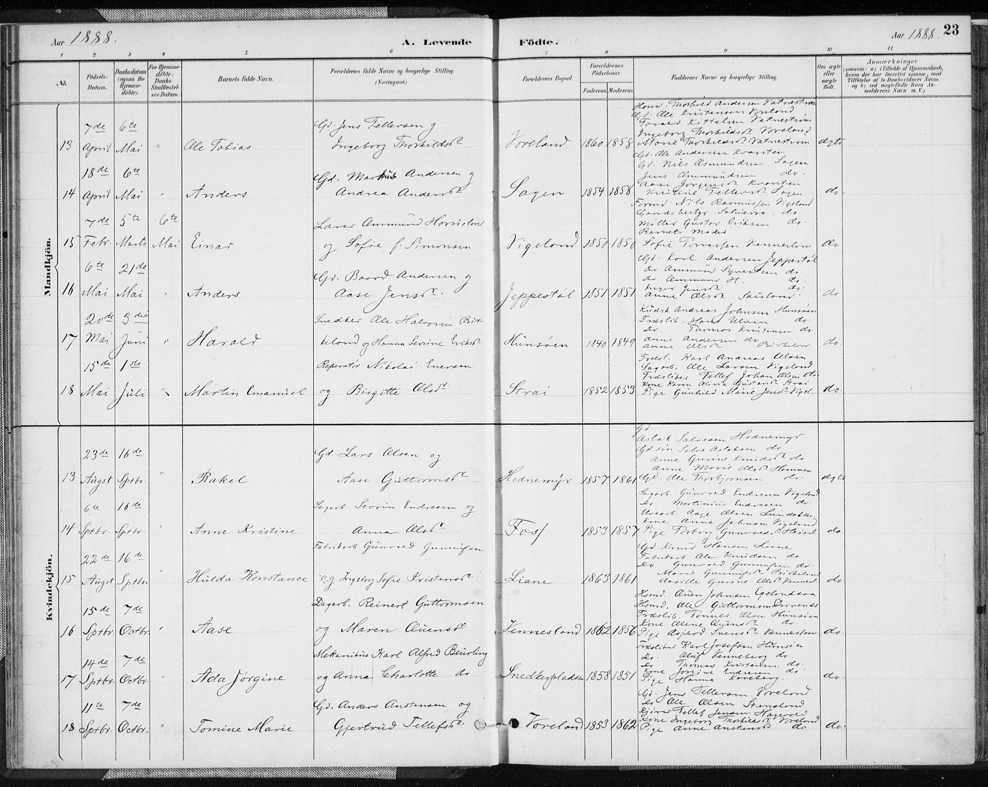 Vennesla sokneprestkontor, AV/SAK-1111-0045/Fa/Fab/L0004: Parish register (official) no. A 4, 1884-1896, p. 23