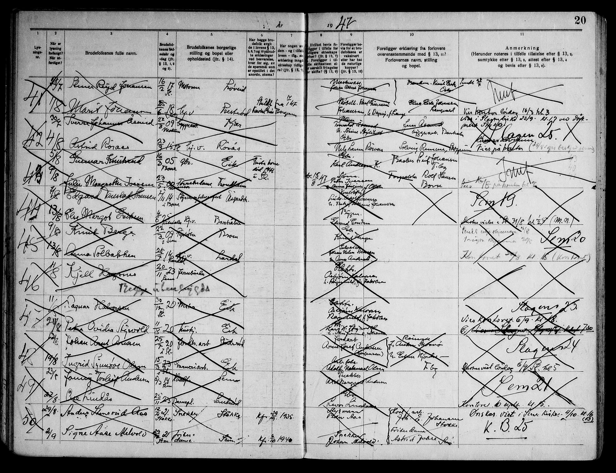Sem kirkebøker, AV/SAKO-A-5/H/Ha/L0004: Banns register no. 4, 1940-1962, p. 20