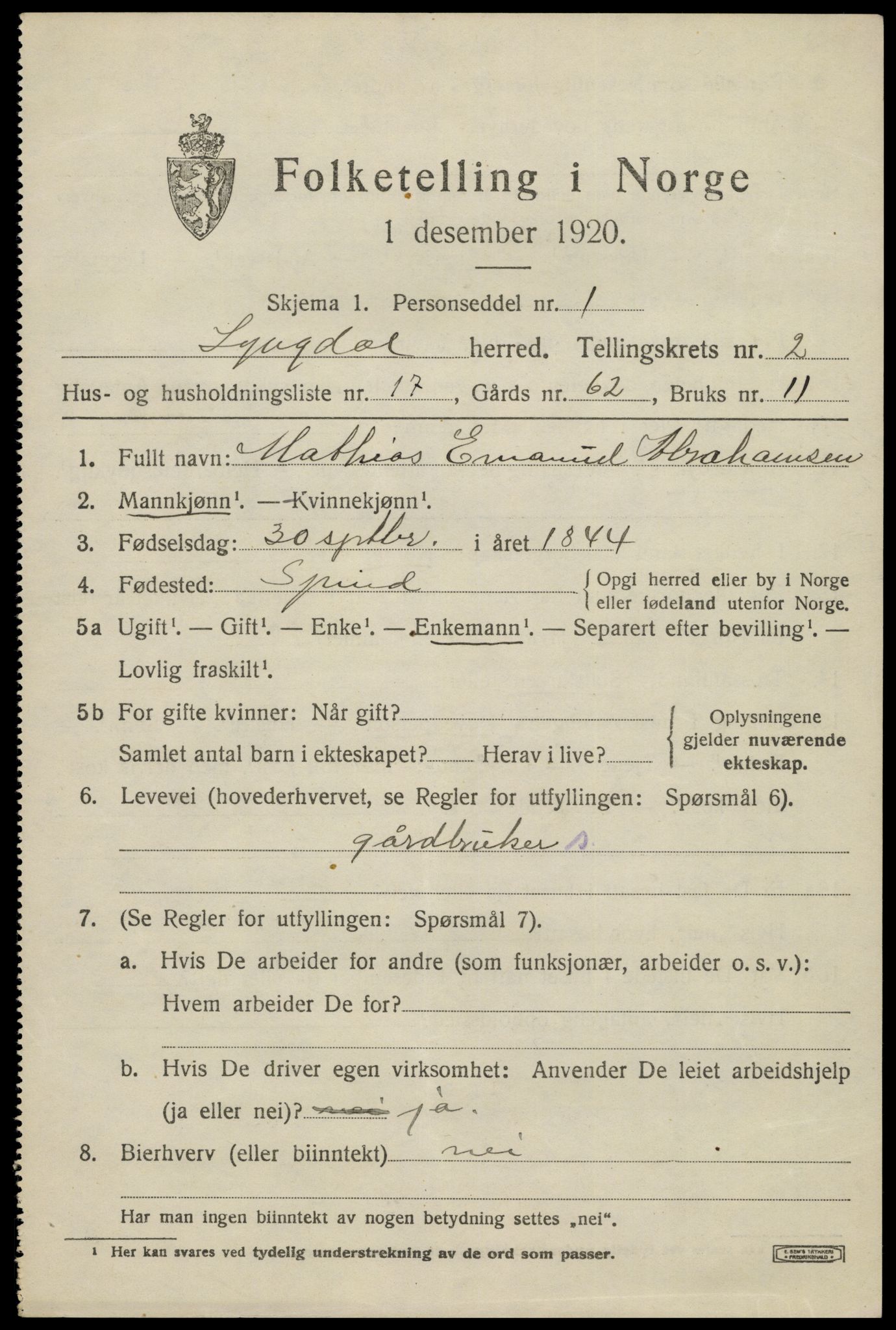 SAK, 1920 census for Lyngdal, 1920, p. 1733