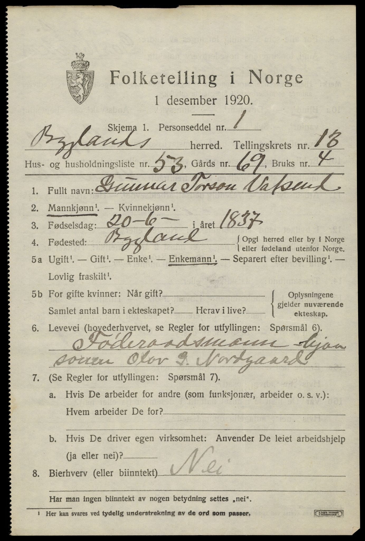 SAK, 1920 census for Bygland, 1920, p. 5905