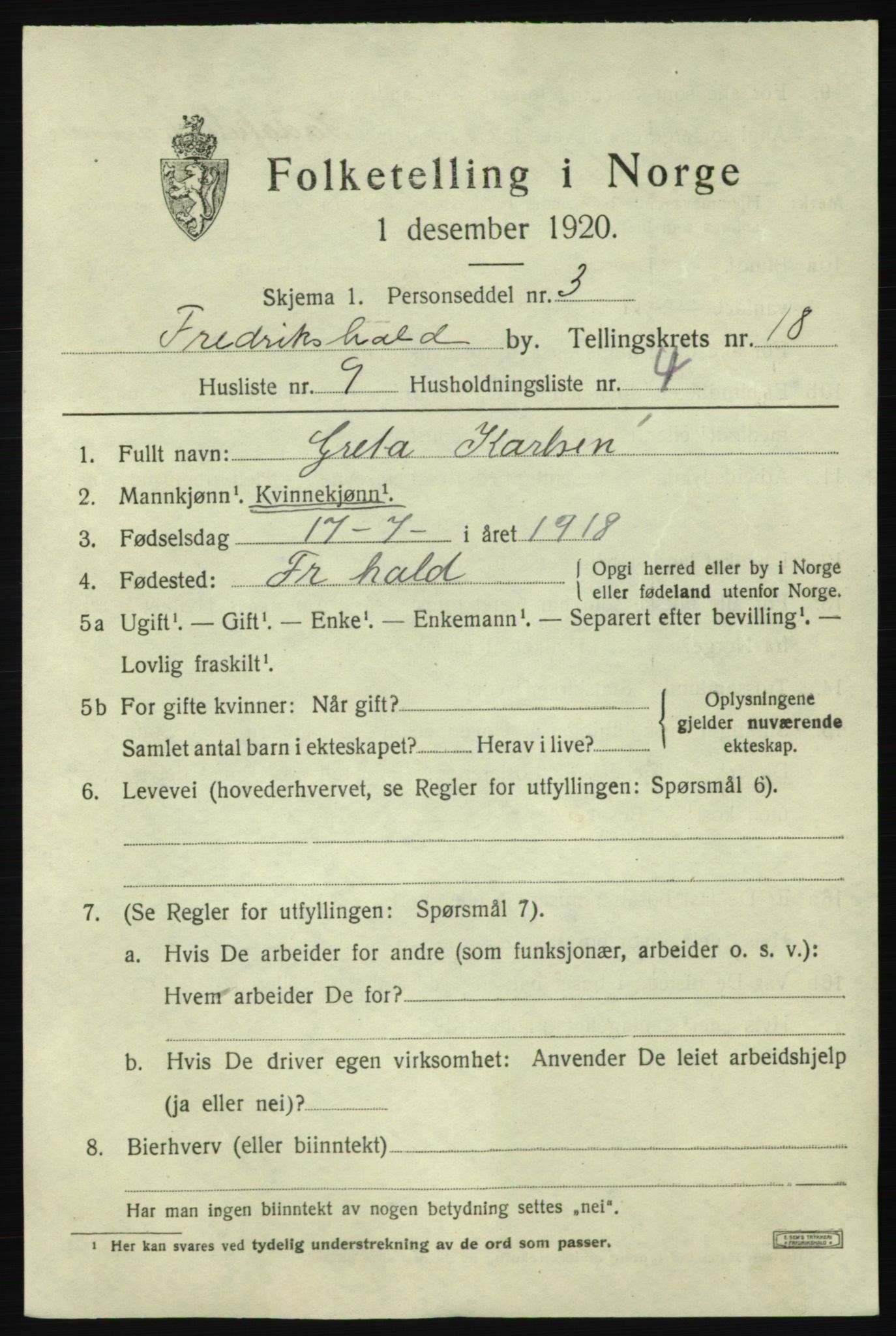 SAO, 1920 census for Fredrikshald, 1920, p. 27293