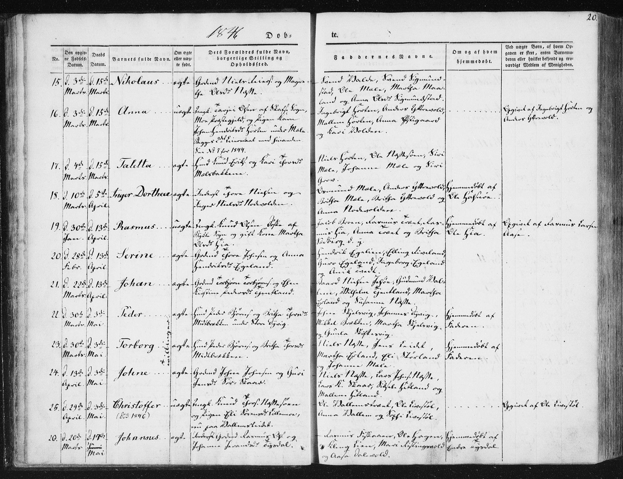 Hjelmeland sokneprestkontor, SAST/A-101843/01/IV/L0008: Parish register (official) no. A 8, 1842-1861, p. 20