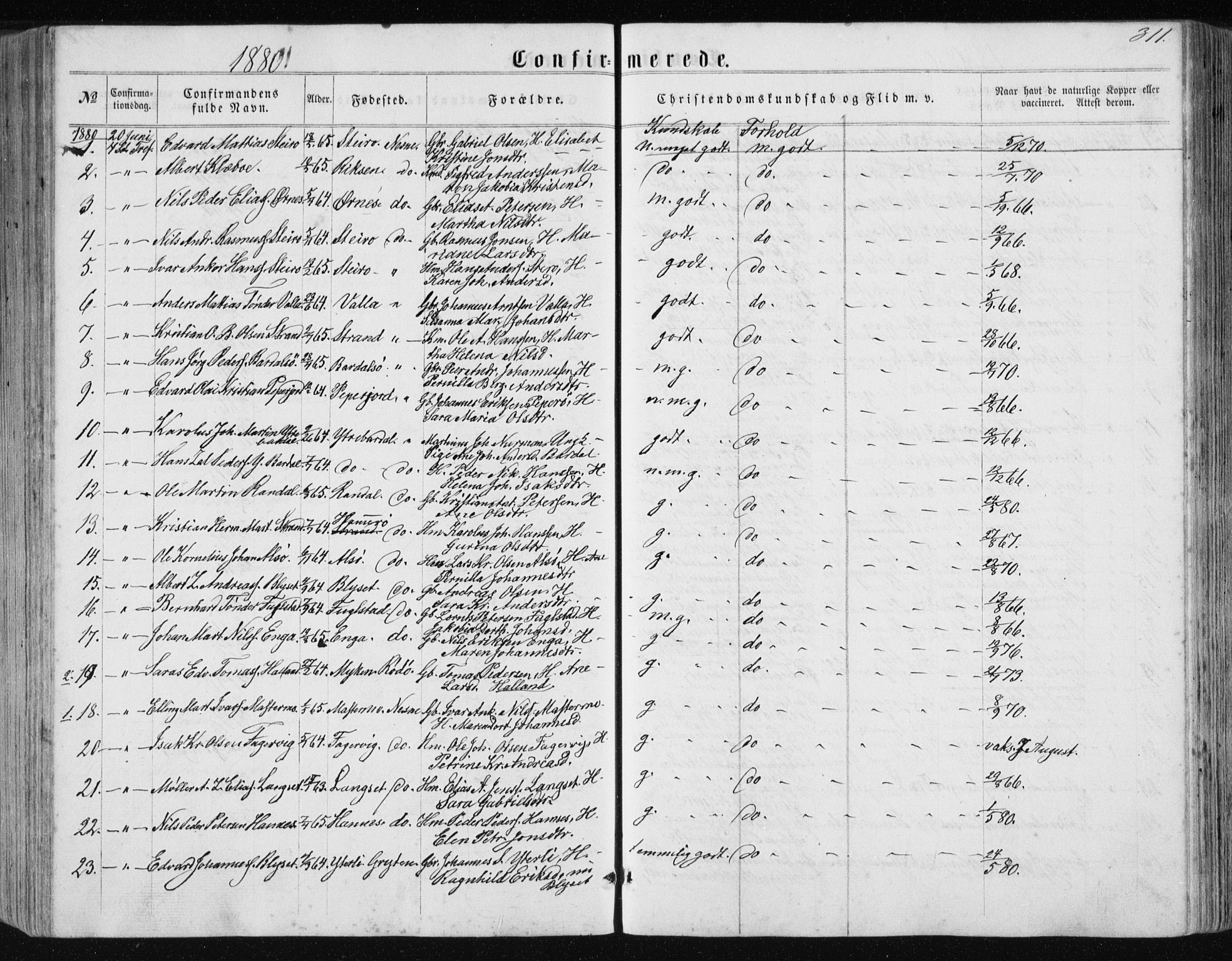 Ministerialprotokoller, klokkerbøker og fødselsregistre - Nordland, AV/SAT-A-1459/838/L0556: Parish register (copy) no. 838C03, 1861-1893, p. 311