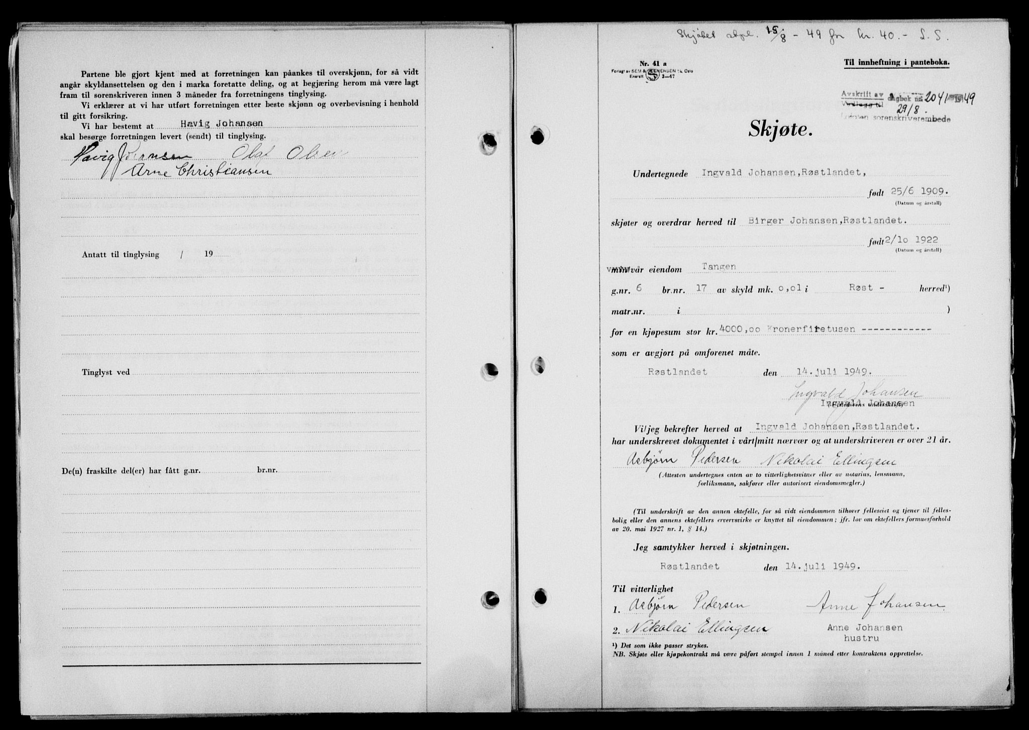 Lofoten sorenskriveri, SAT/A-0017/1/2/2C/L0021a: Mortgage book no. 21a, 1949-1949, Diary no: : 2041/1949