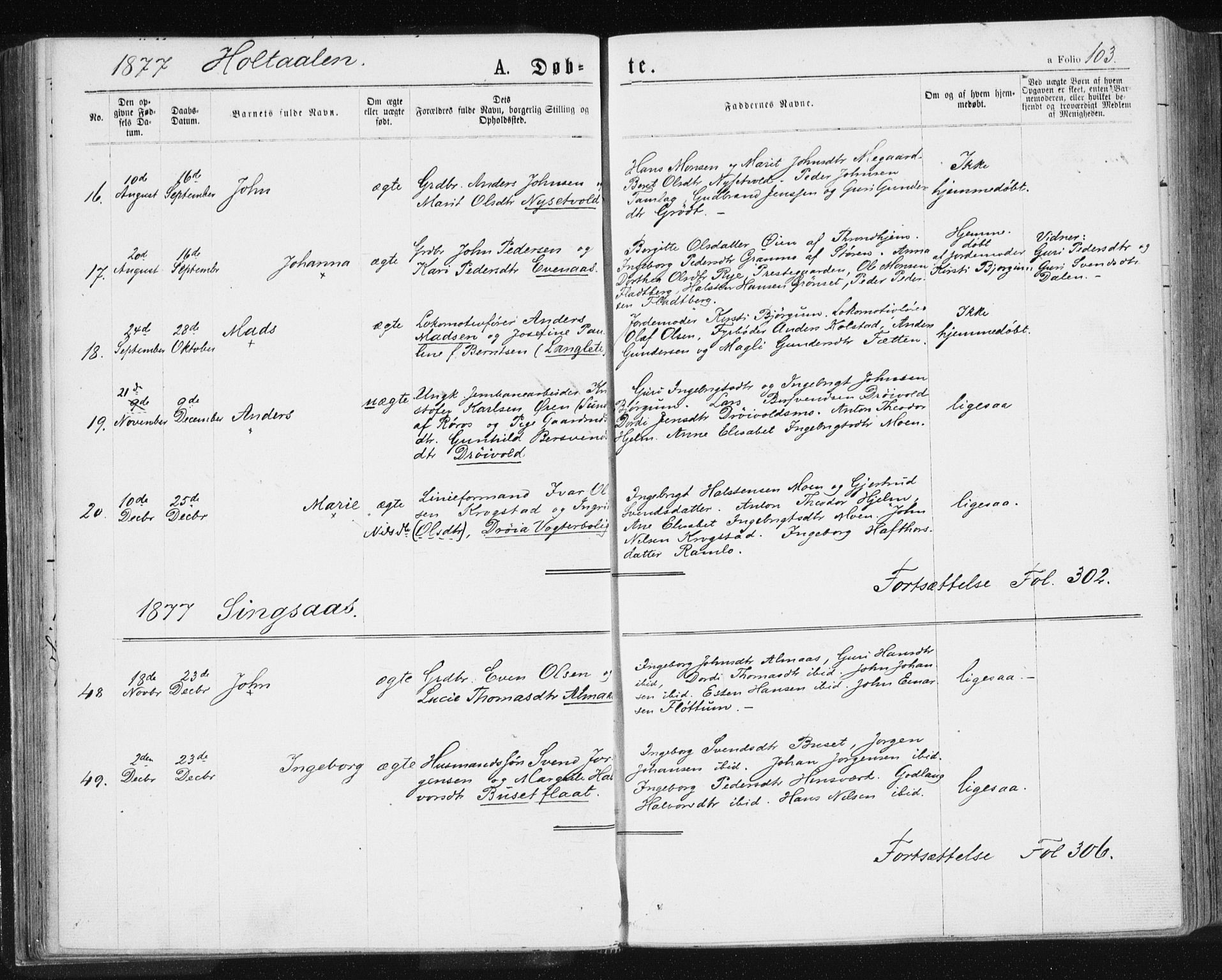 Ministerialprotokoller, klokkerbøker og fødselsregistre - Sør-Trøndelag, SAT/A-1456/685/L0970: Parish register (official) no. 685A08 /2, 1870-1878, p. 103
