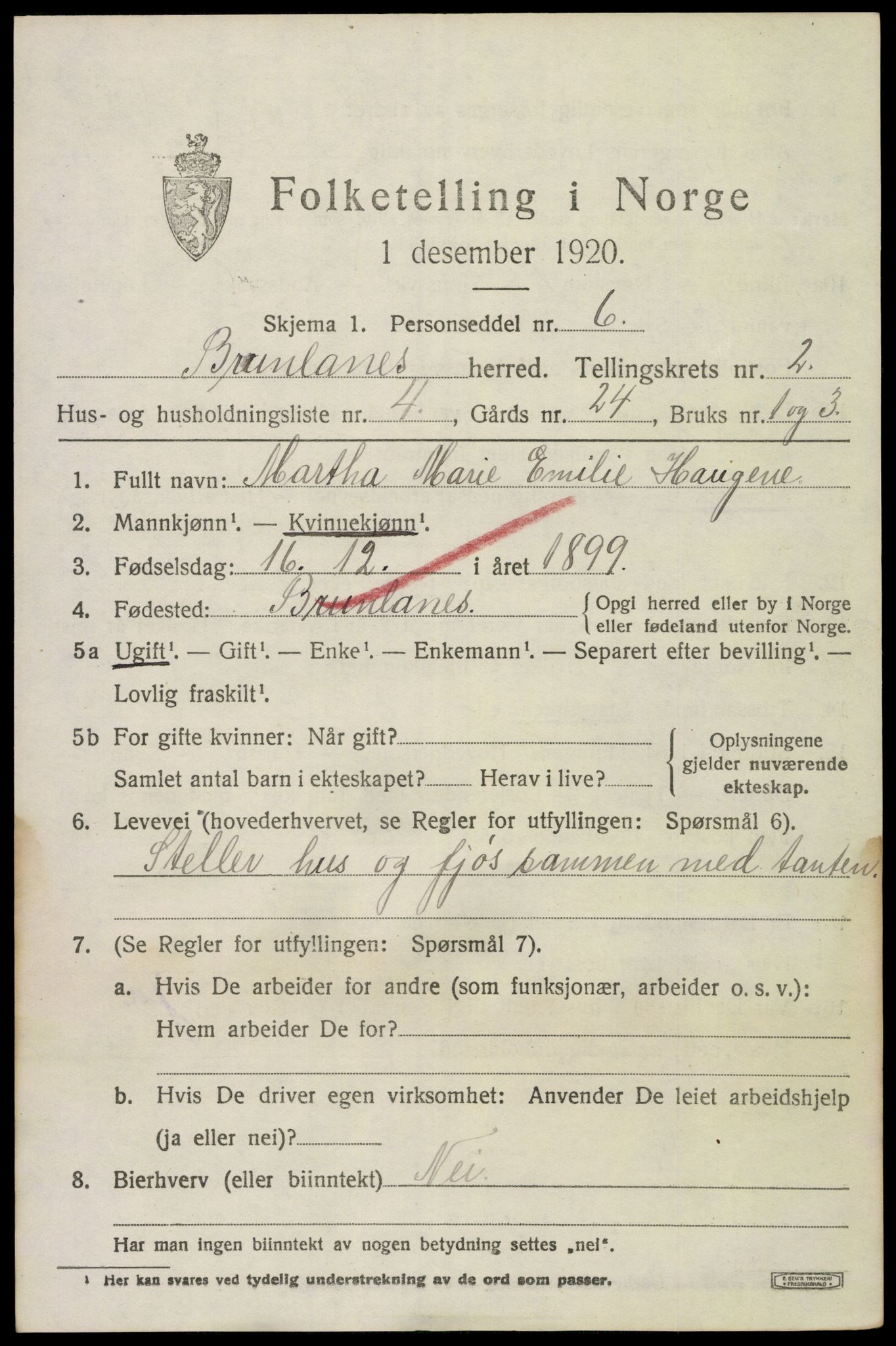 SAKO, 1920 census for Brunlanes, 1920, p. 3367