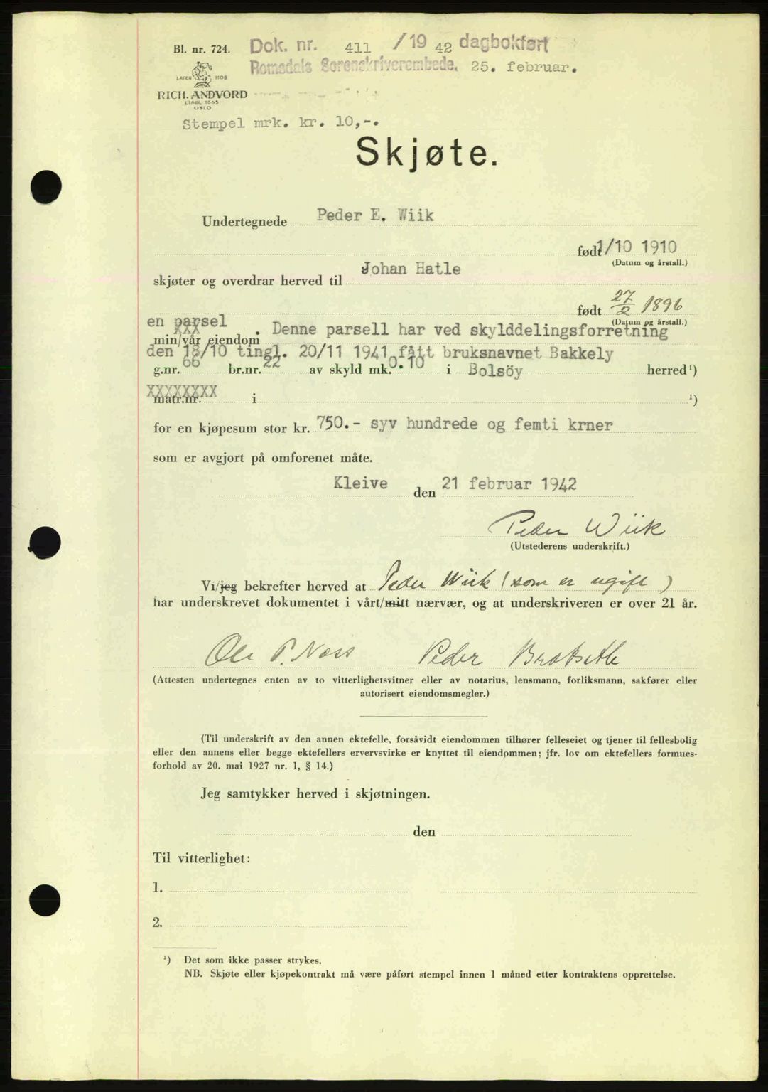 Romsdal sorenskriveri, AV/SAT-A-4149/1/2/2C: Mortgage book no. A11, 1941-1942, Diary no: : 411/1942