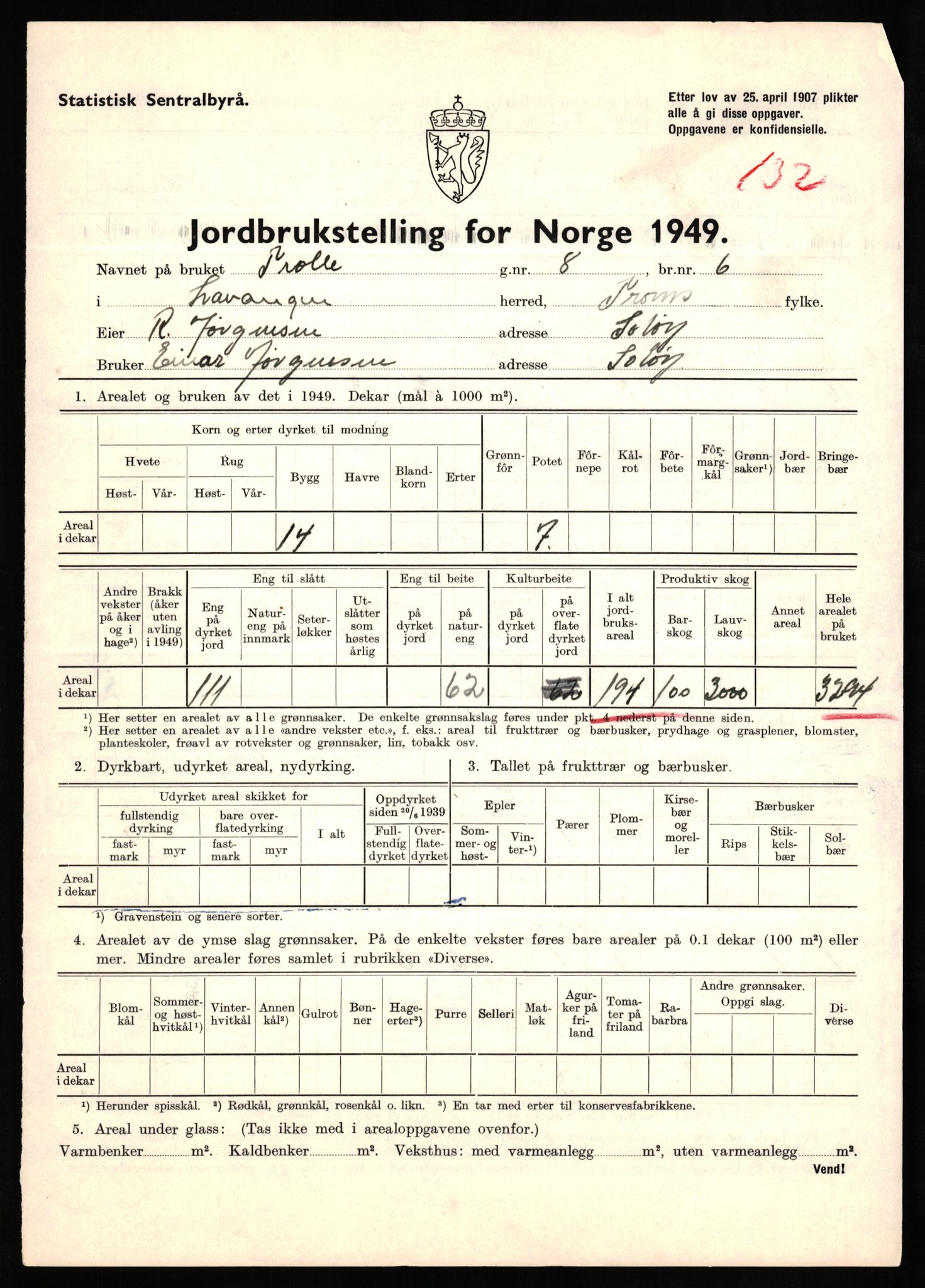 Statistisk sentralbyrå, Næringsøkonomiske emner, Jordbruk, skogbruk, jakt, fiske og fangst, AV/RA-S-2234/G/Gc/L0437: Troms: Gratangen og Lavangen, 1949, p. 601