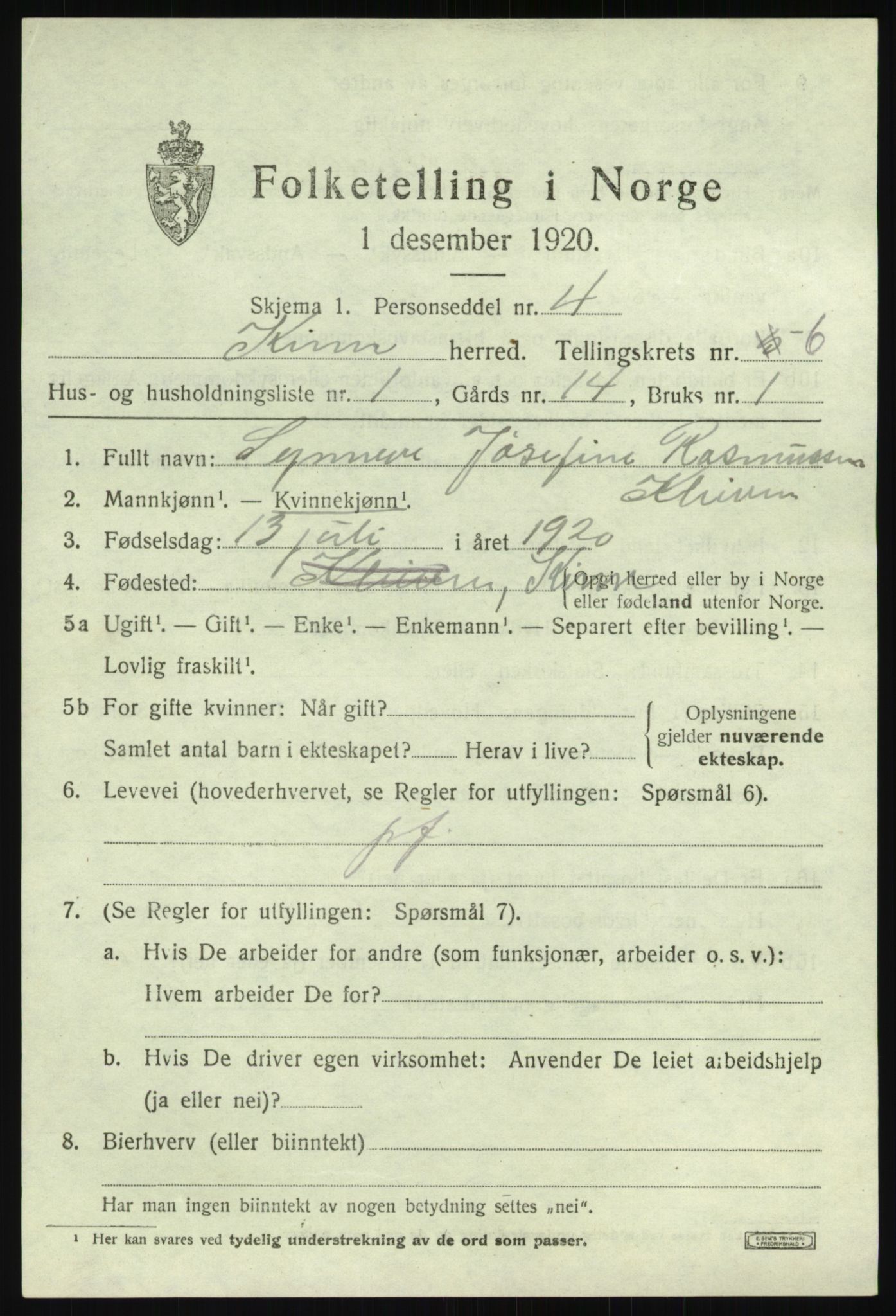 SAB, 1920 census for Kinn, 1920, p. 2727