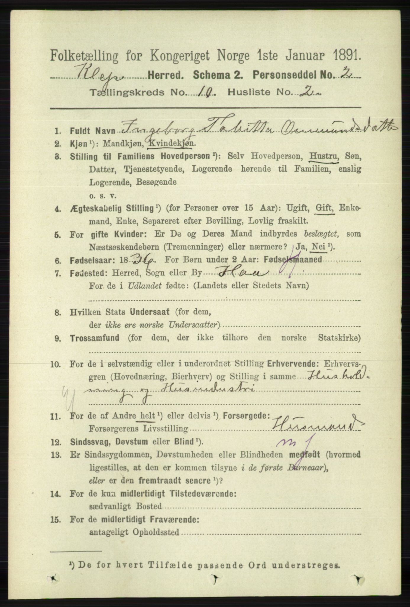 RA, 1891 census for 1120 Klepp, 1891, p. 2865