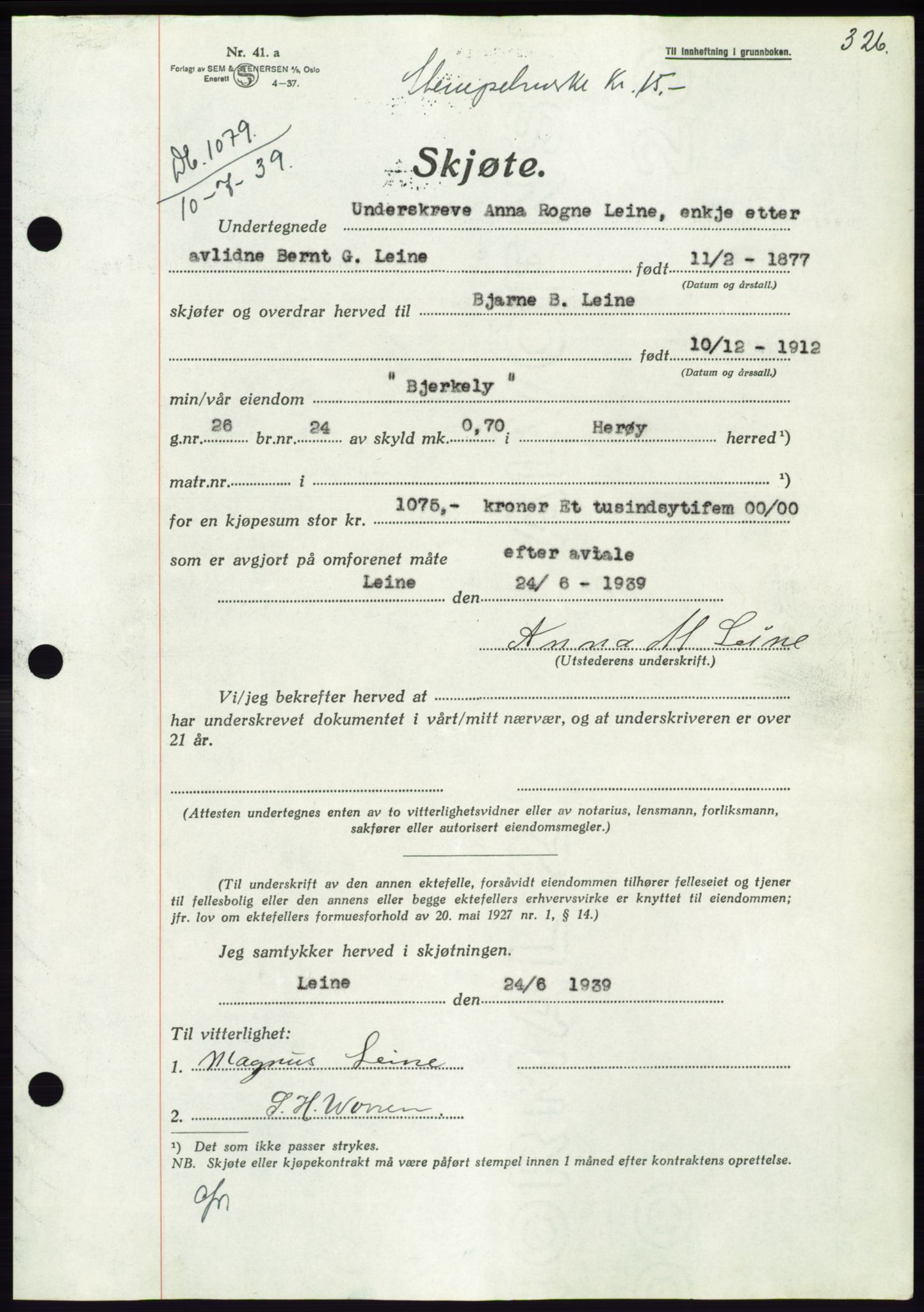 Søre Sunnmøre sorenskriveri, AV/SAT-A-4122/1/2/2C/L0068: Mortgage book no. 62, 1939-1939, Diary no: : 1079/1939