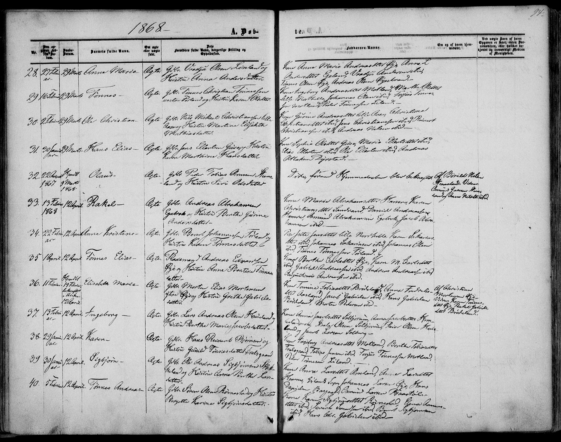 Kvinesdal sokneprestkontor, AV/SAK-1111-0026/F/Fa/Fab/L0006: Parish register (official) no. A 6, 1857-1869, p. 94