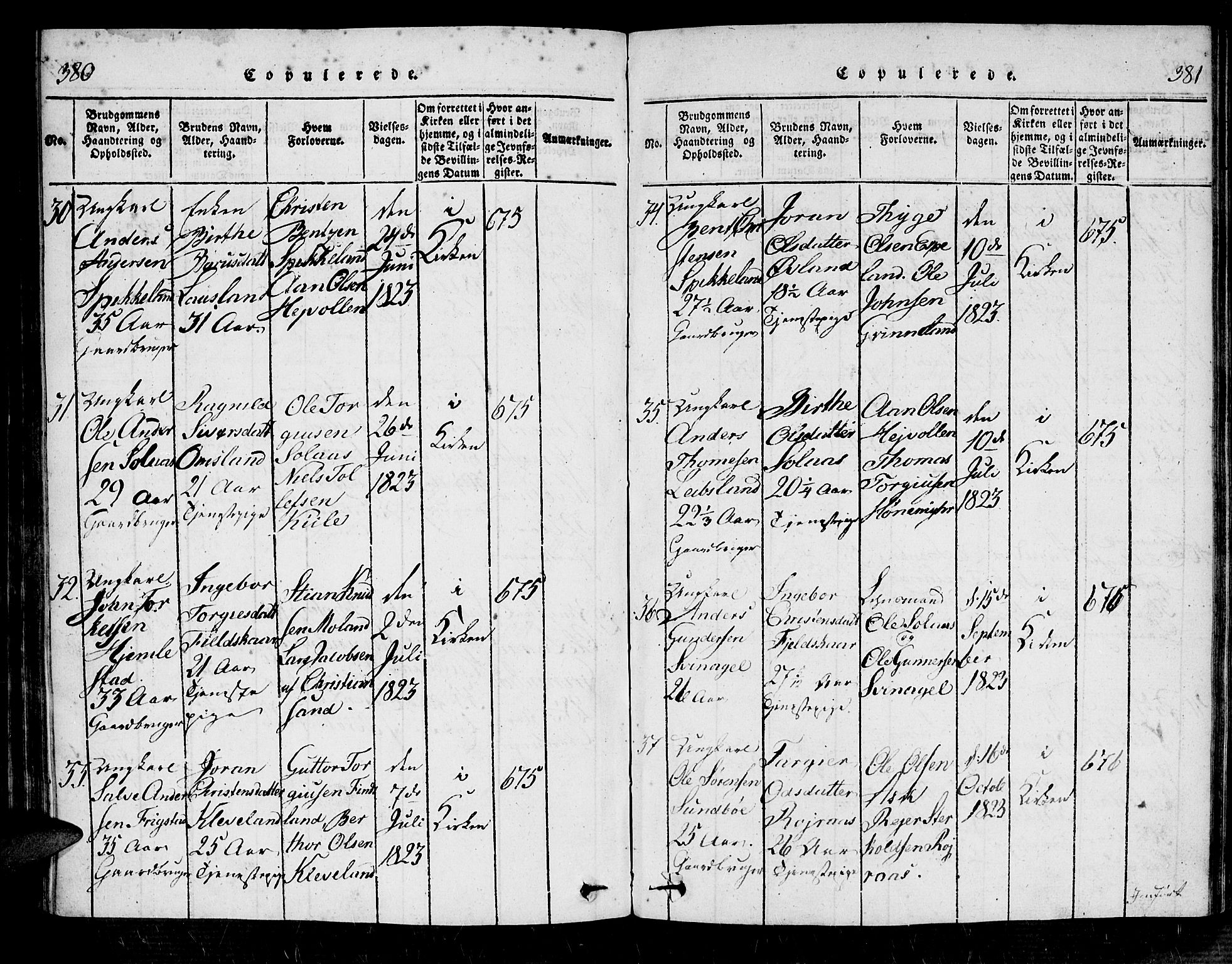 Bjelland sokneprestkontor, SAK/1111-0005/F/Fa/Fab/L0002: Parish register (official) no. A 2, 1816-1869, p. 380-381
