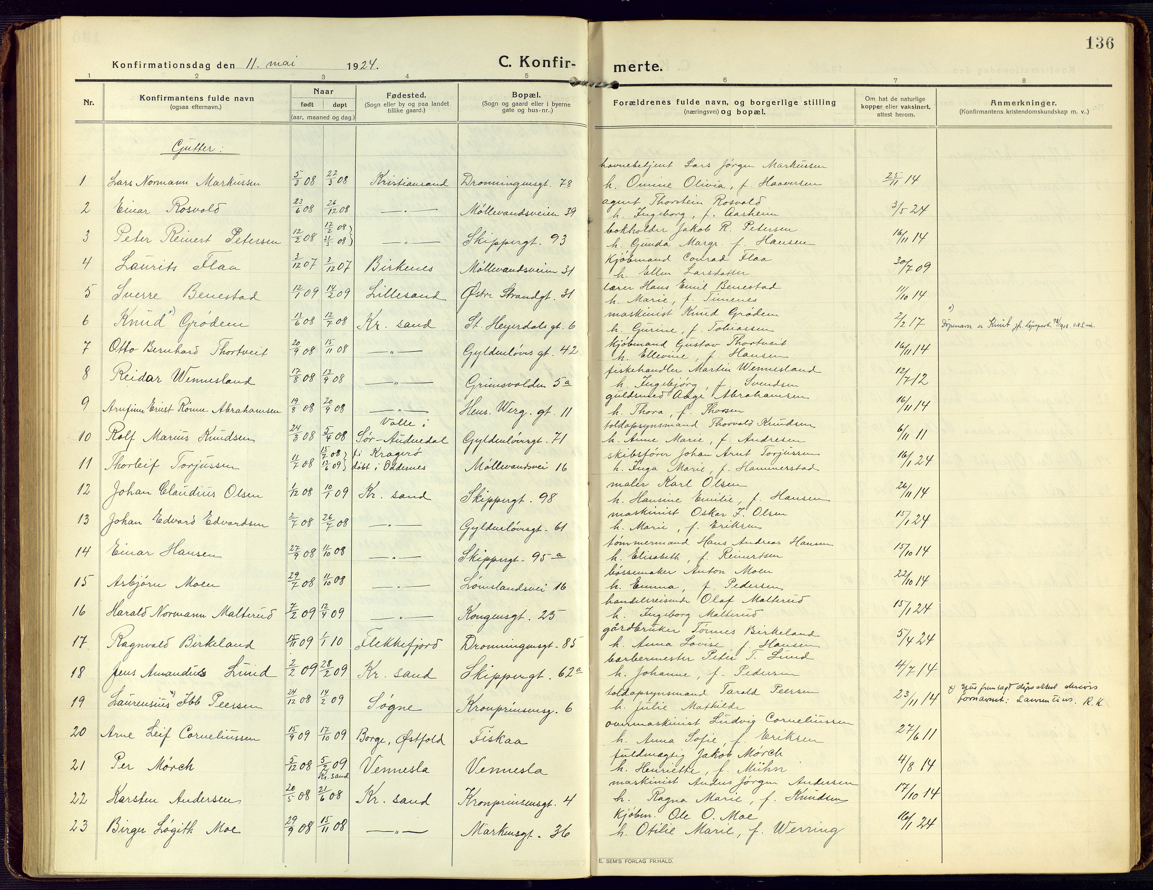 Kristiansand domprosti, SAK/1112-0006/F/Fa/L0026: Parish register (official) no. A 25, 1916-1928, p. 136