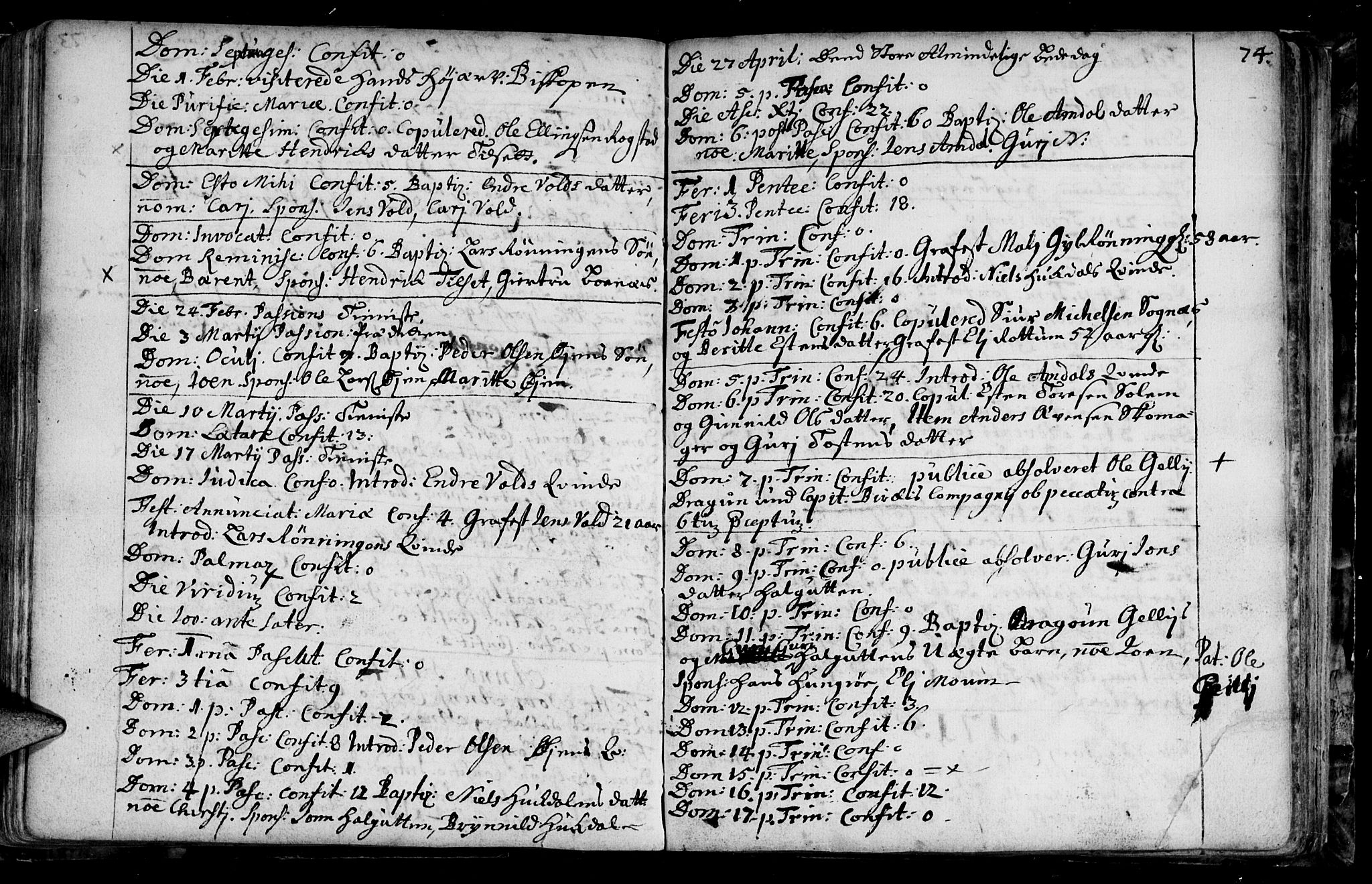 Ministerialprotokoller, klokkerbøker og fødselsregistre - Sør-Trøndelag, SAT/A-1456/687/L0990: Parish register (official) no. 687A01, 1690-1746, p. 74