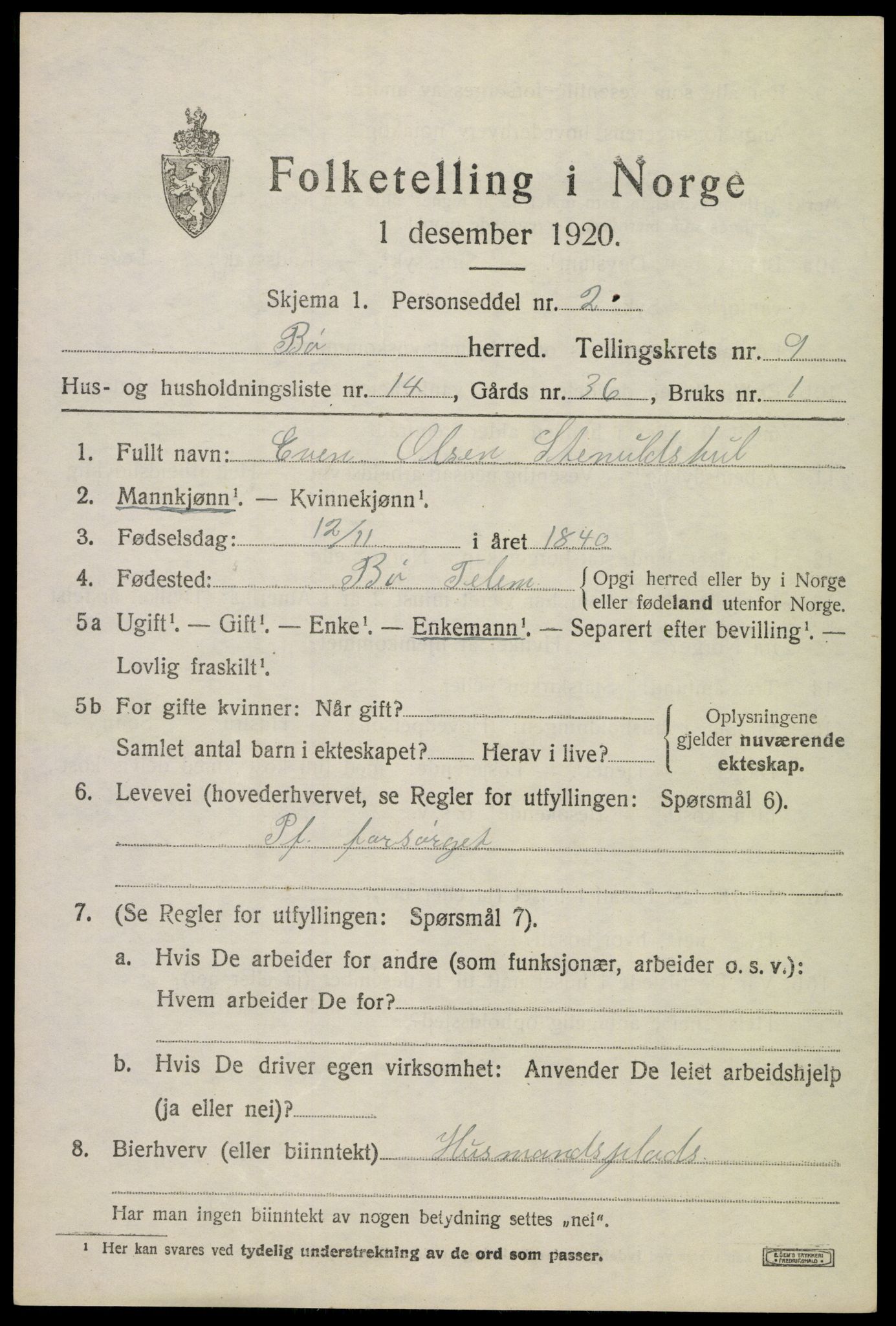 SAKO, 1920 census for Bø (Telemark), 1920, p. 6554