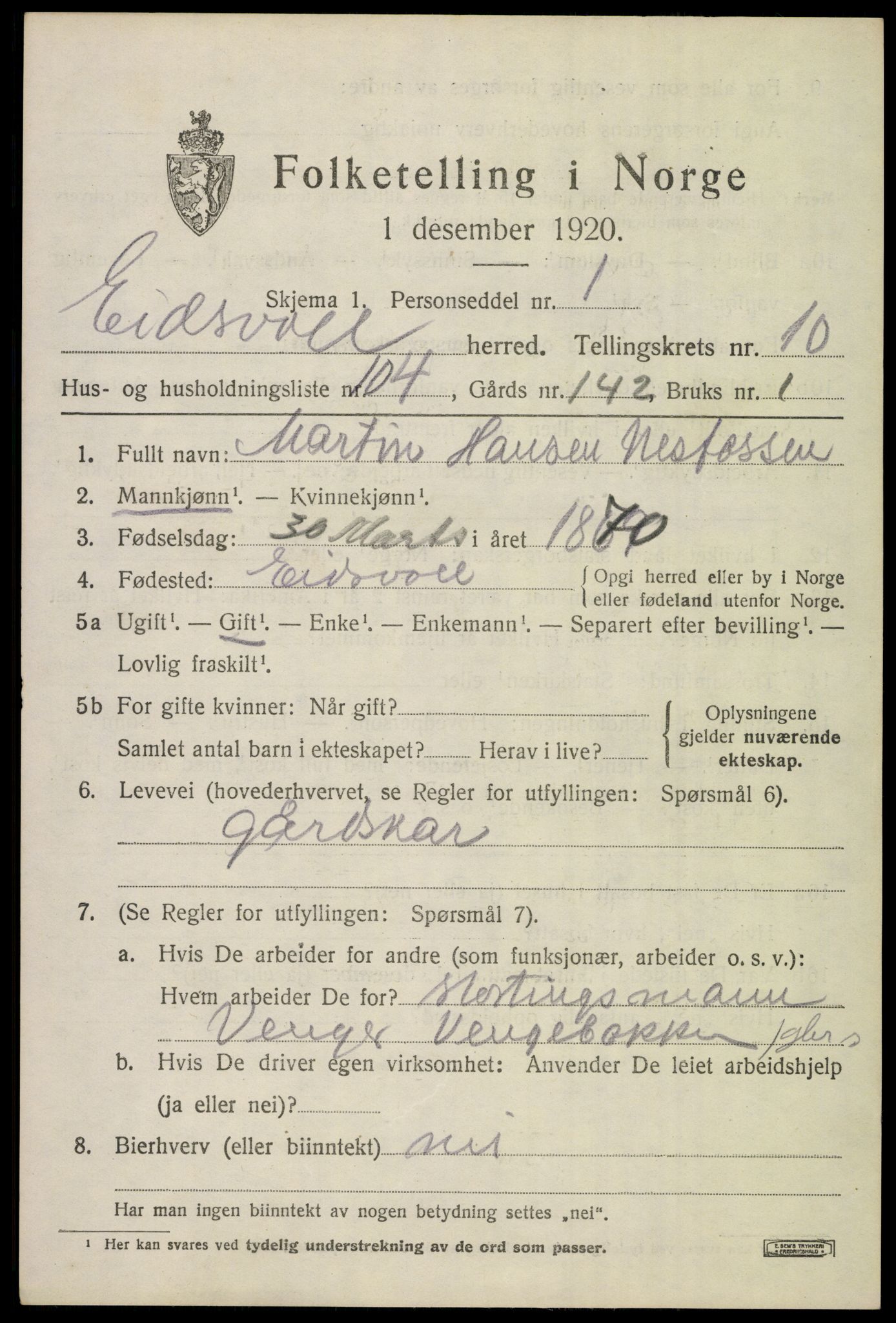 SAO, 1920 census for Eidsvoll, 1920, p. 17199