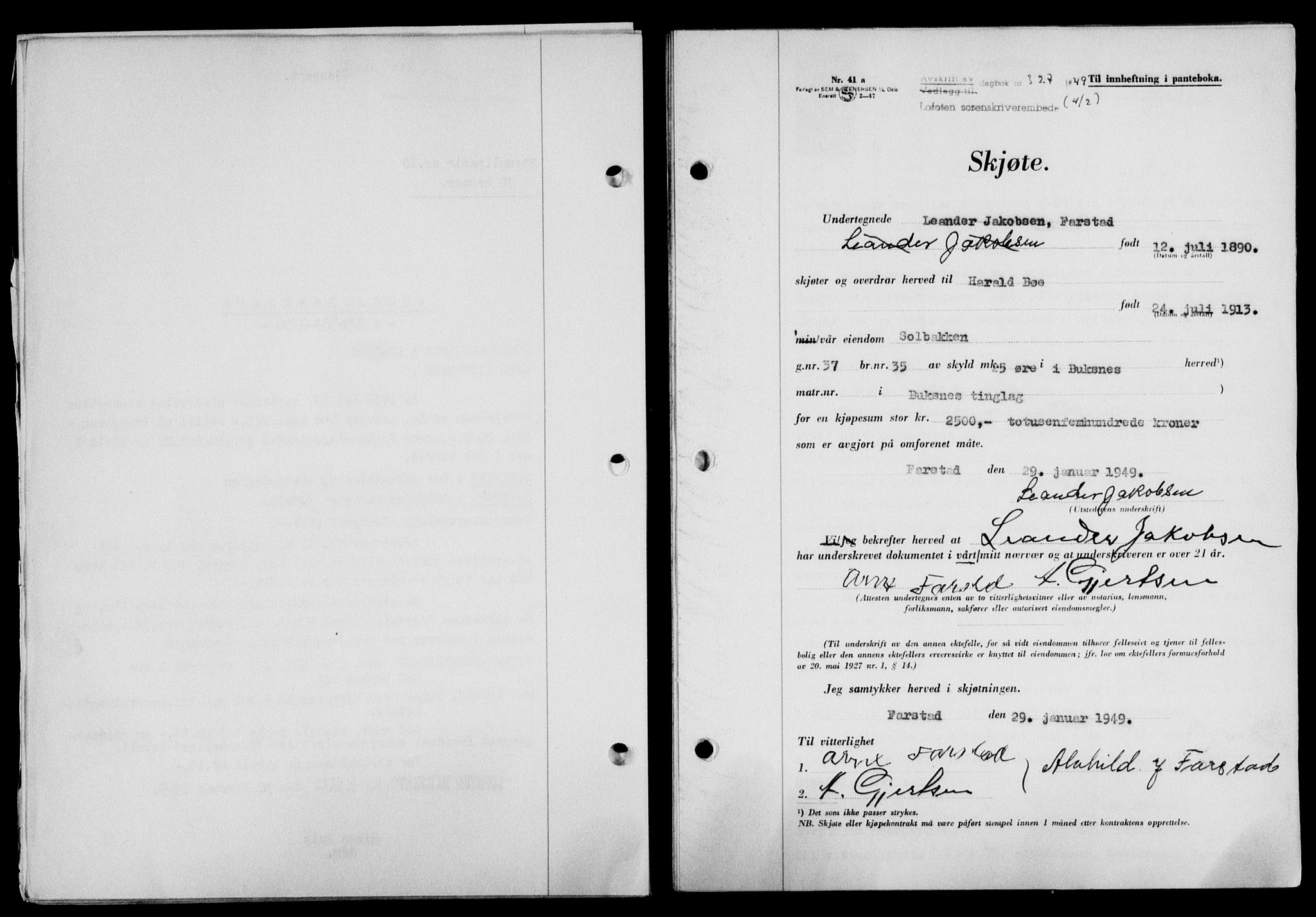 Lofoten sorenskriveri, SAT/A-0017/1/2/2C/L0020a: Mortgage book no. 20a, 1948-1949, Diary no: : 327/1949