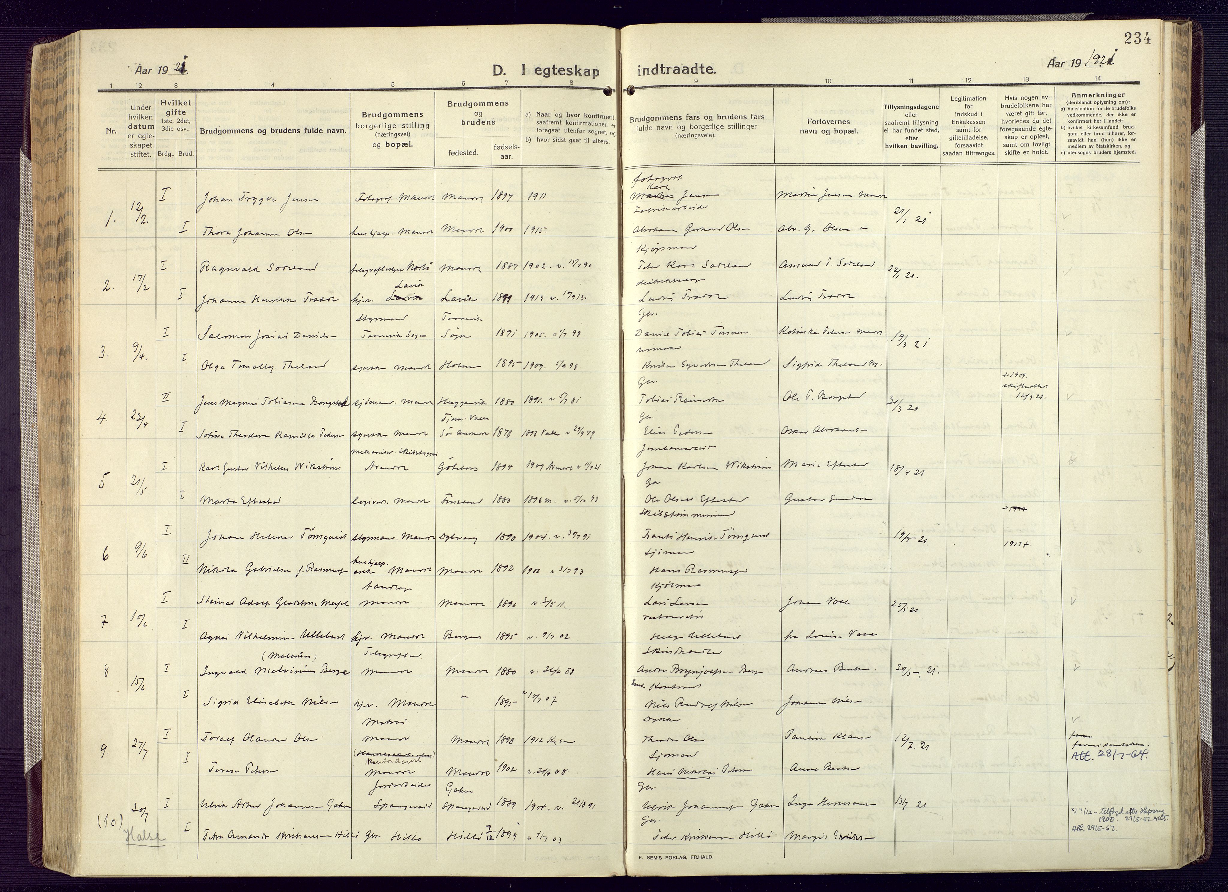 Mandal sokneprestkontor, SAK/1111-0030/F/Fa/Fac/L0001: Parish register (official) no. A 1, 1913-1925, p. 234