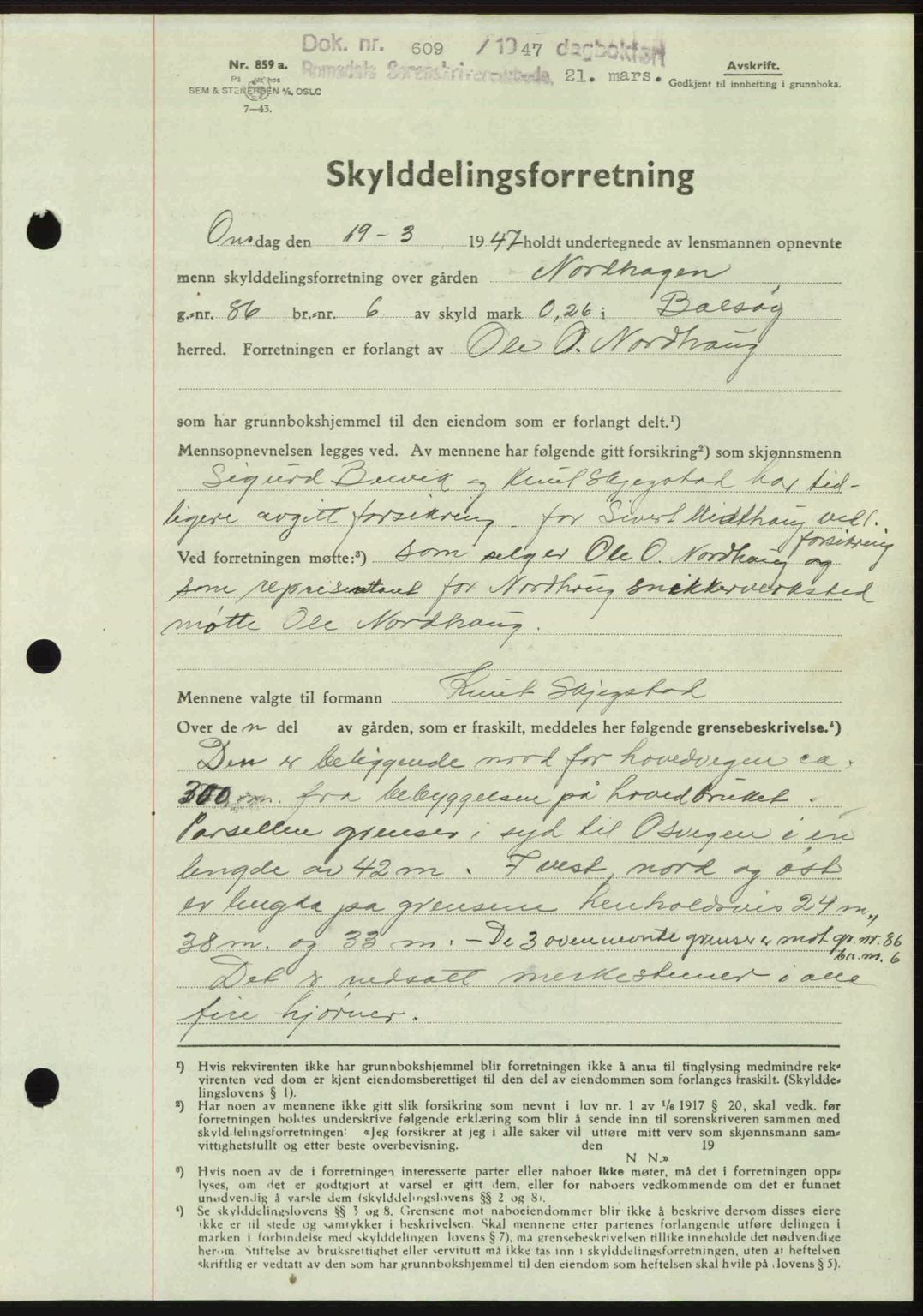 Romsdal sorenskriveri, AV/SAT-A-4149/1/2/2C: Mortgage book no. A22, 1947-1947, Diary no: : 609/1947