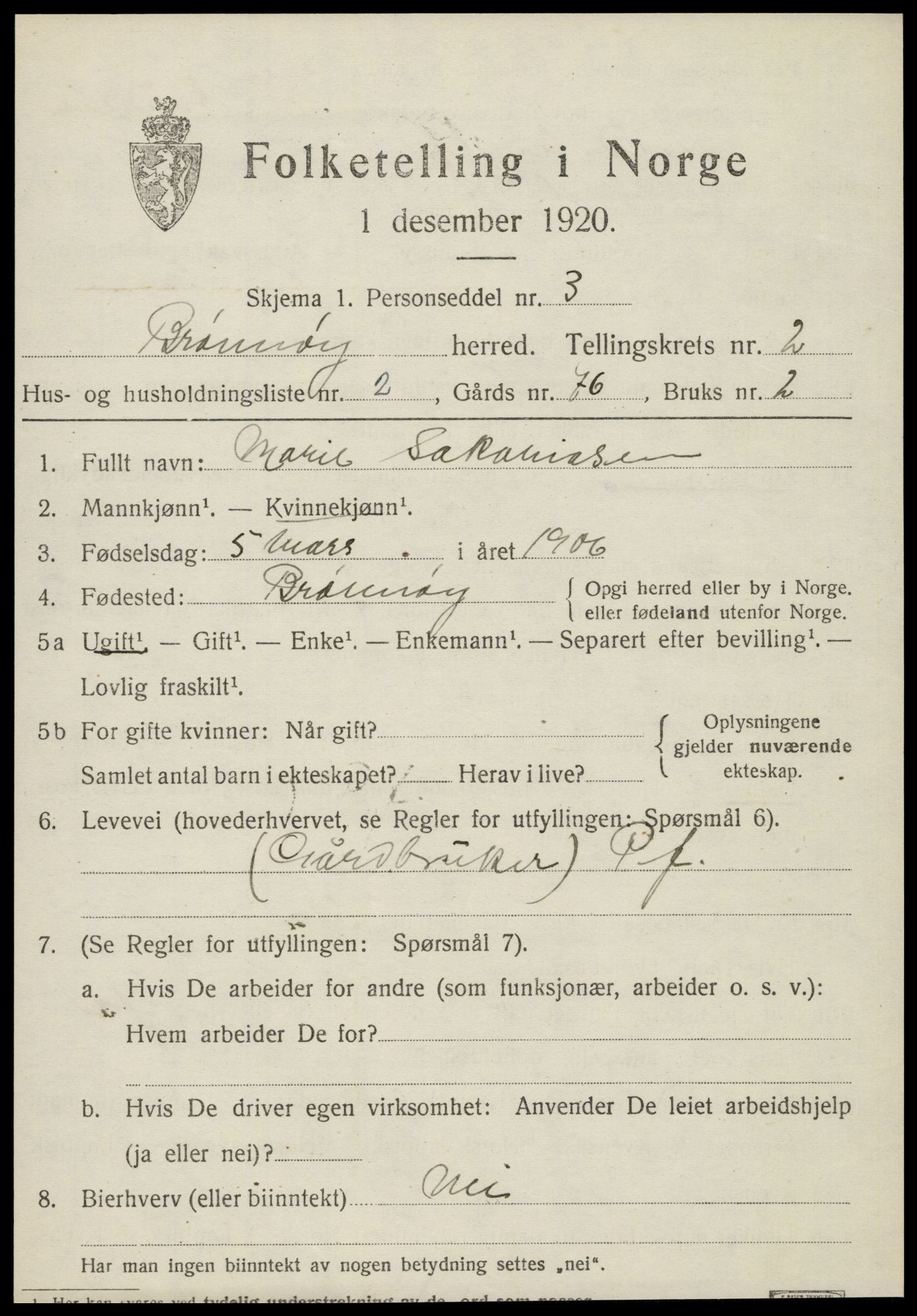 SAT, 1920 census for Brønnøy, 1920, p. 1868