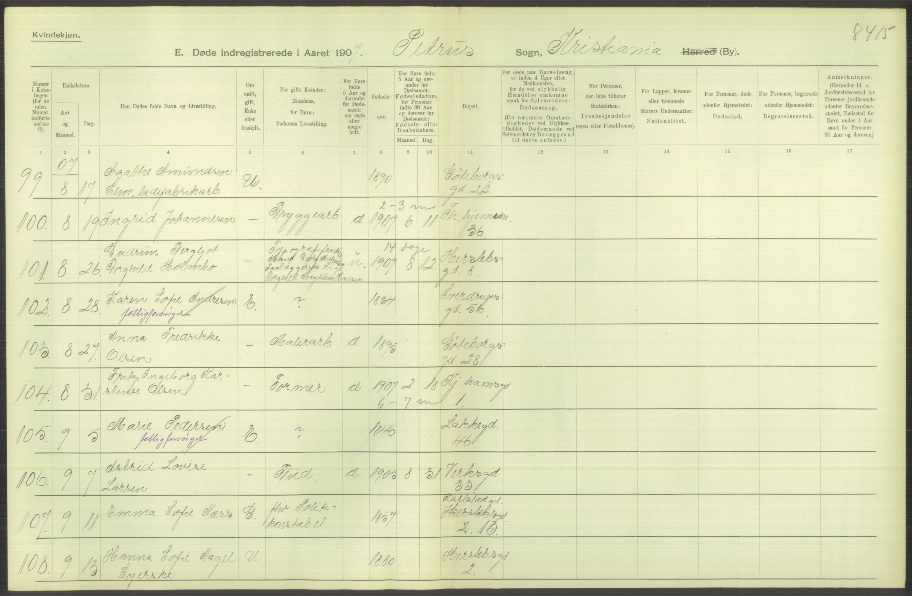 Statistisk sentralbyrå, Sosiodemografiske emner, Befolkning, AV/RA-S-2228/D/Df/Dfa/Dfae/L0009: Kristiania: Døde, 1907, p. 352