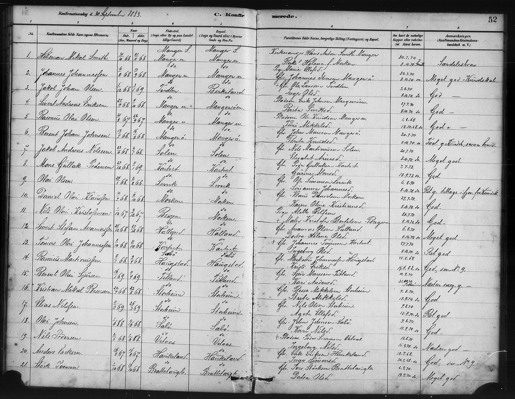 Manger sokneprestembete, AV/SAB-A-76801/H/Haa: Parish register (official) no. B 1, 1881-1892, p. 52