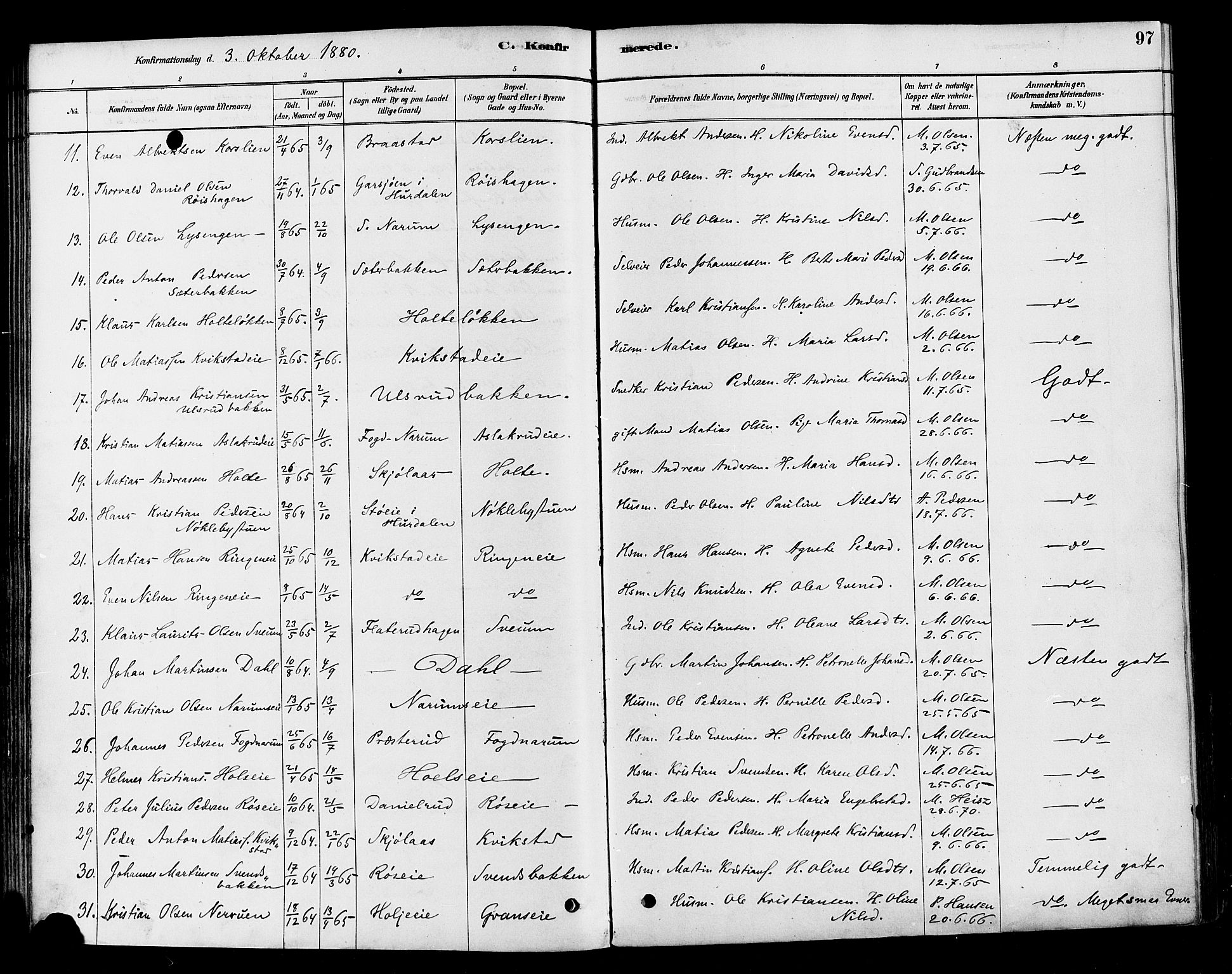 Vestre Toten prestekontor, SAH/PREST-108/H/Ha/Haa/L0010: Parish register (official) no. 10, 1878-1894, p. 97