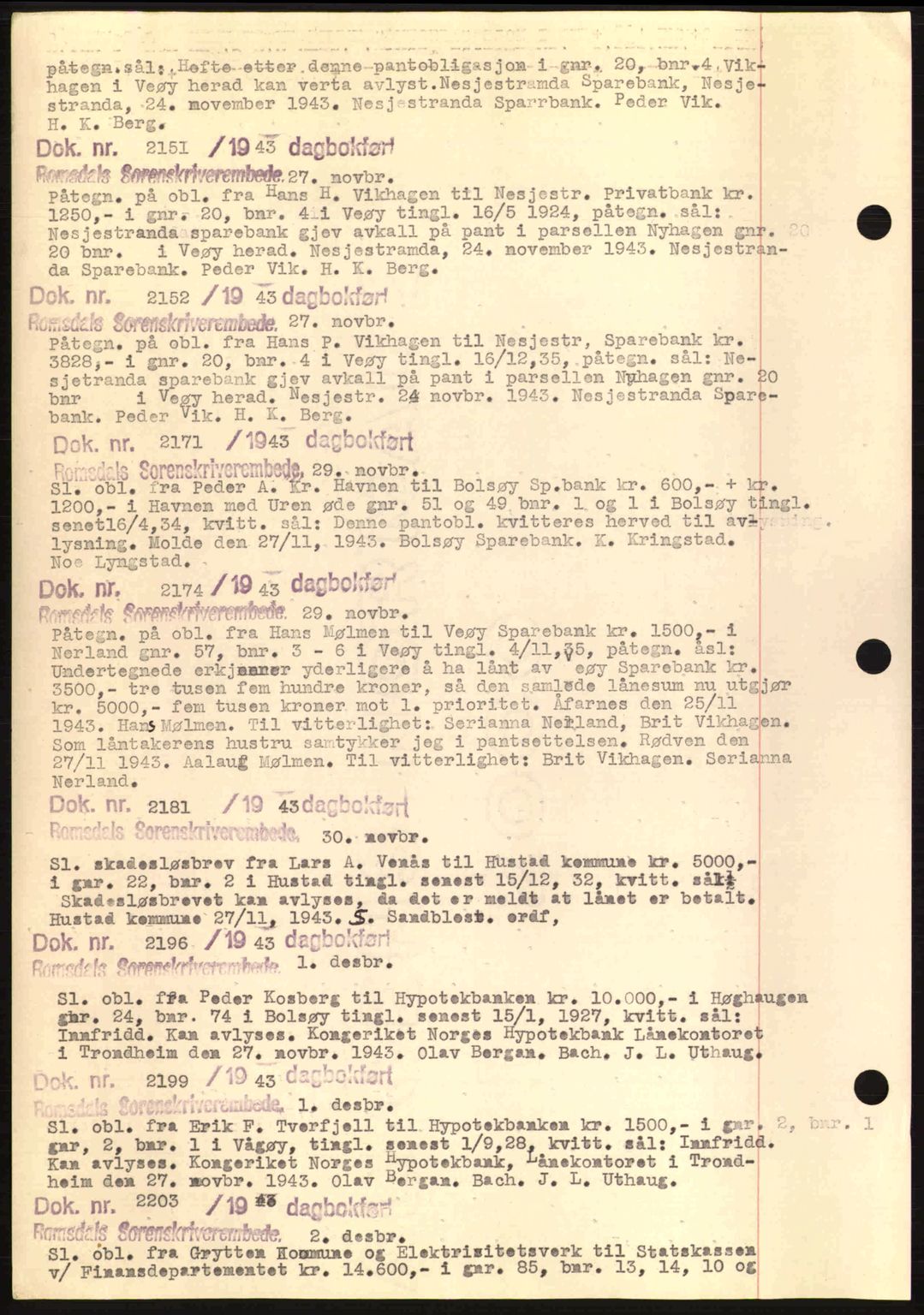 Romsdal sorenskriveri, AV/SAT-A-4149/1/2/2C: Mortgage book no. C1a, 1936-1945, Diary no: : 2151/1943