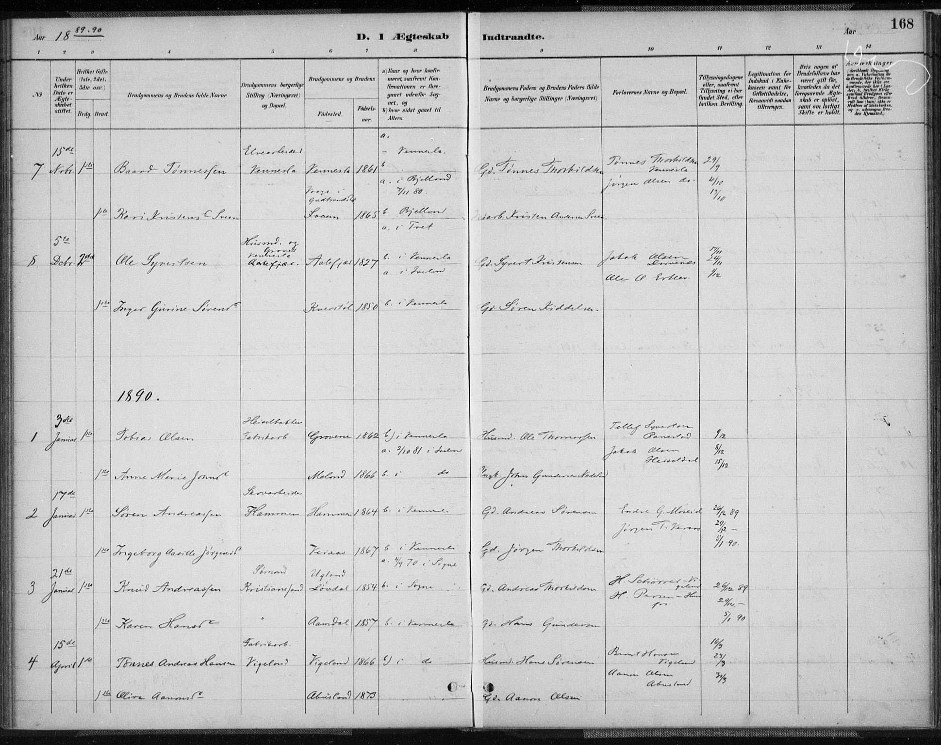 Vennesla sokneprestkontor, AV/SAK-1111-0045/Fa/Fab/L0004: Parish register (official) no. A 4, 1884-1896, p. 168
