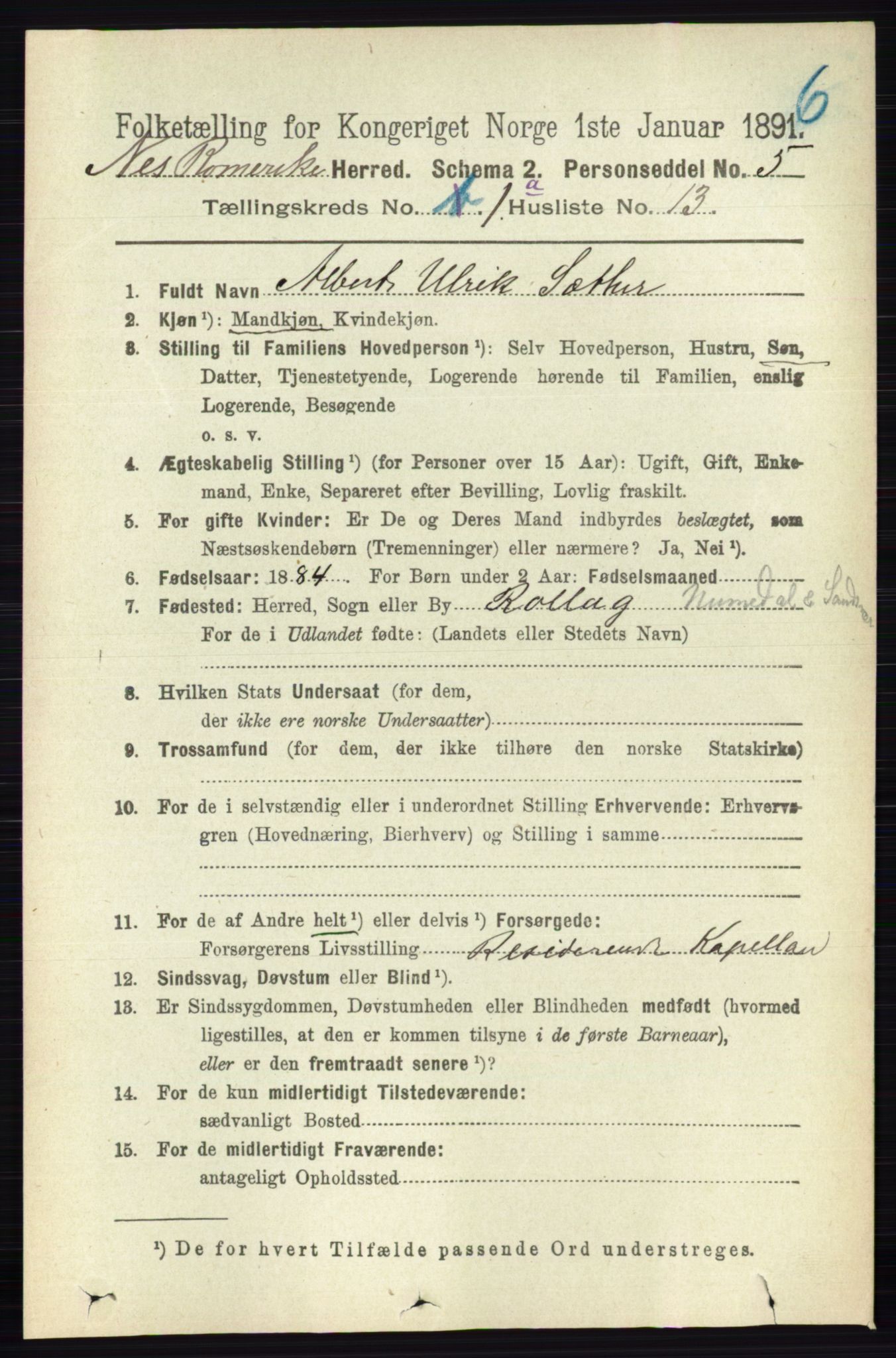 RA, 1891 census for 0236 Nes, 1891, p. 190