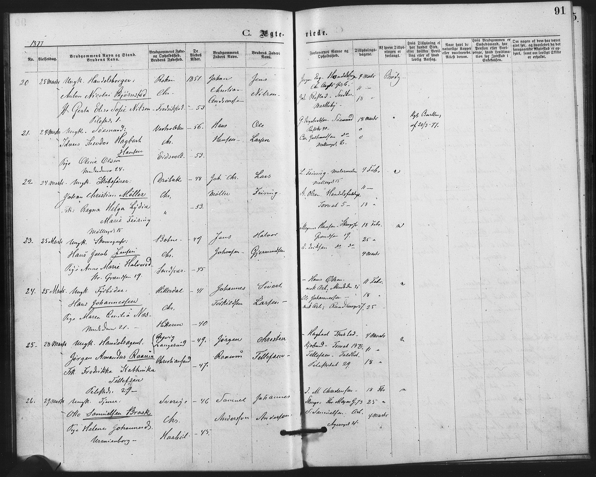 Trefoldighet prestekontor Kirkebøker, AV/SAO-A-10882/F/Fc/L0002: Parish register (official) no. III 2, 1874-1881, p. 91