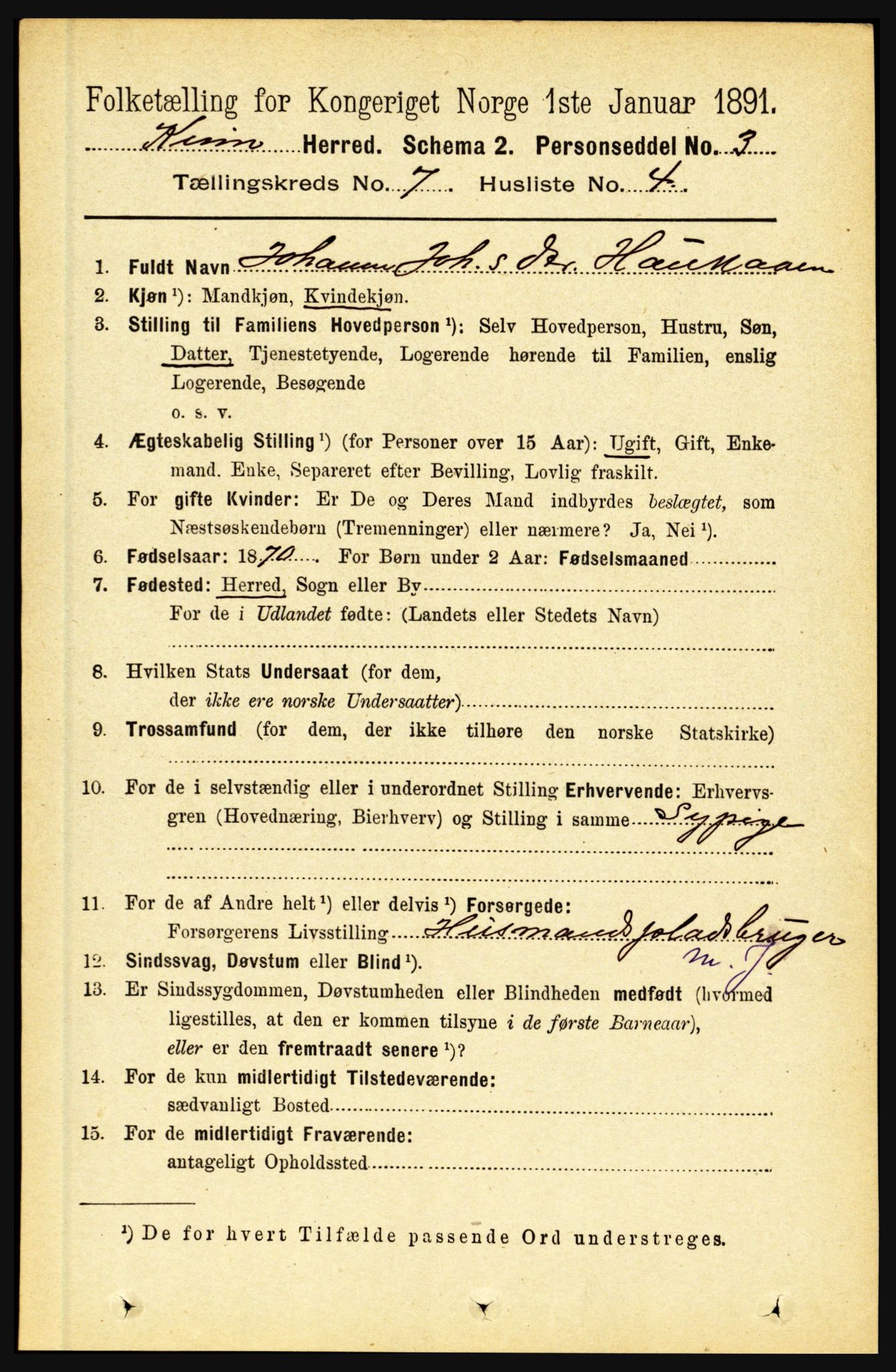 RA, 1891 census for 1437 Kinn, 1891, p. 2696
