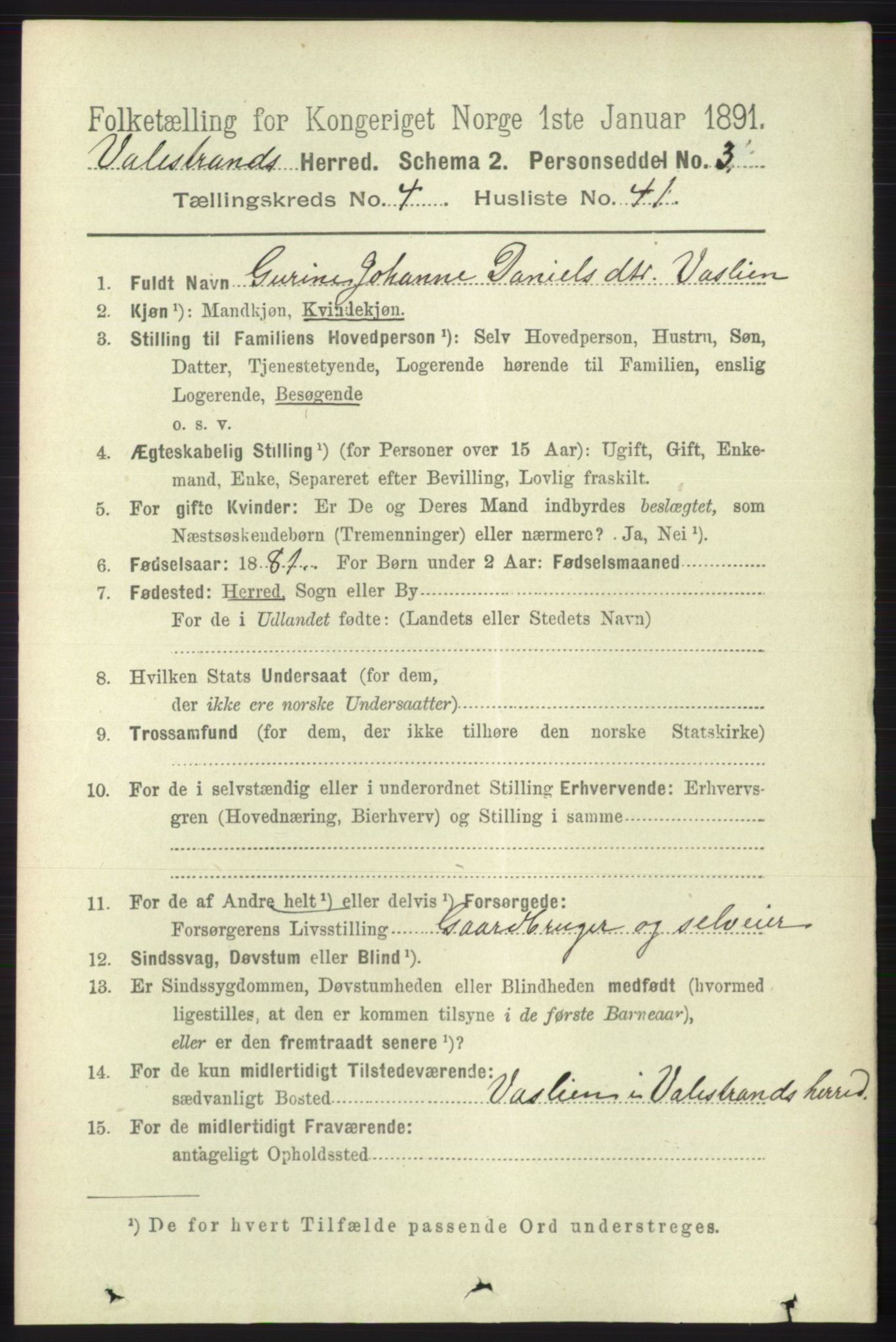 RA, 1891 census for 1217 Valestrand, 1891, p. 1086