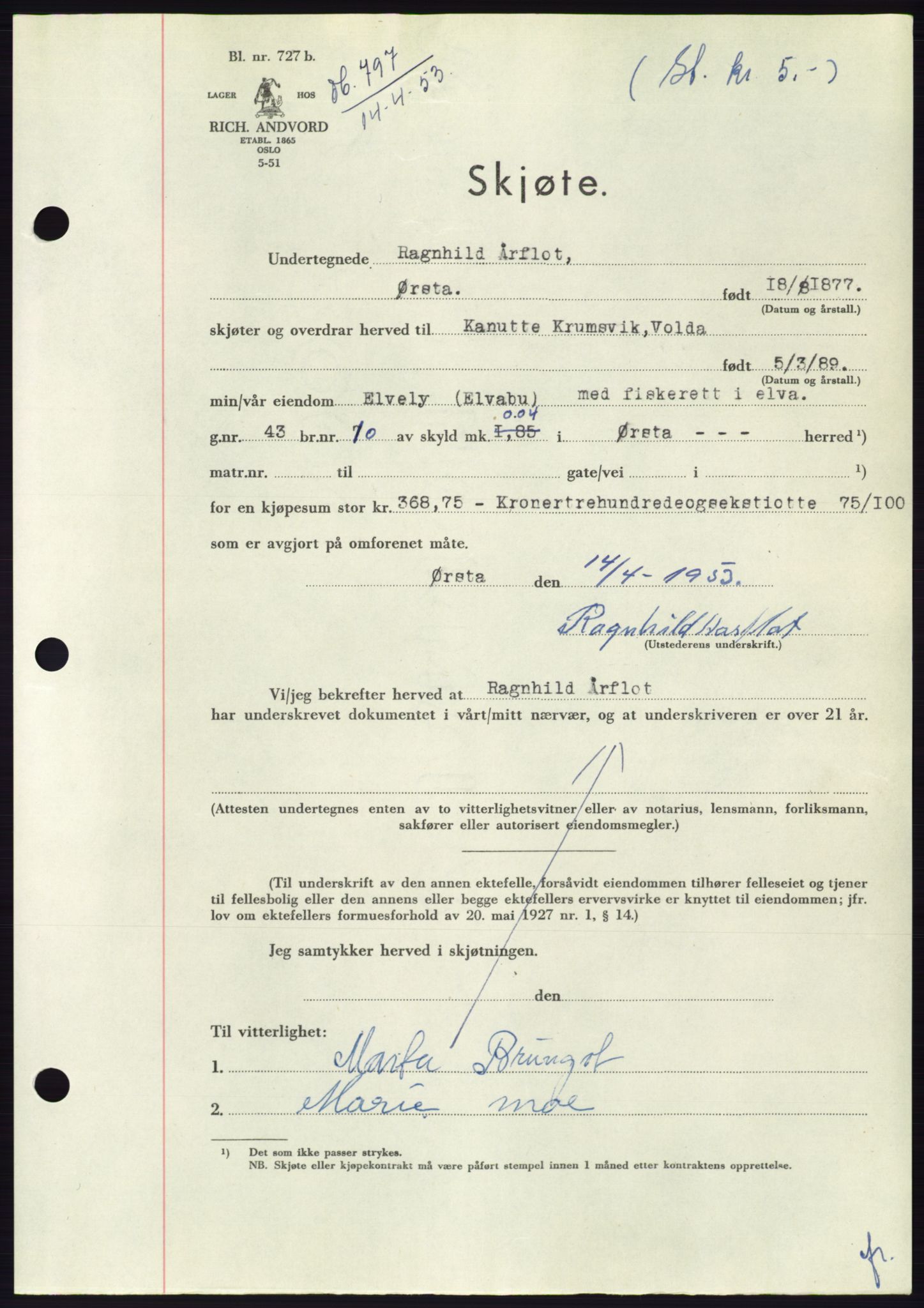 Søre Sunnmøre sorenskriveri, AV/SAT-A-4122/1/2/2C/L0094: Mortgage book no. 20A, 1953-1953, Diary no: : 797/1953