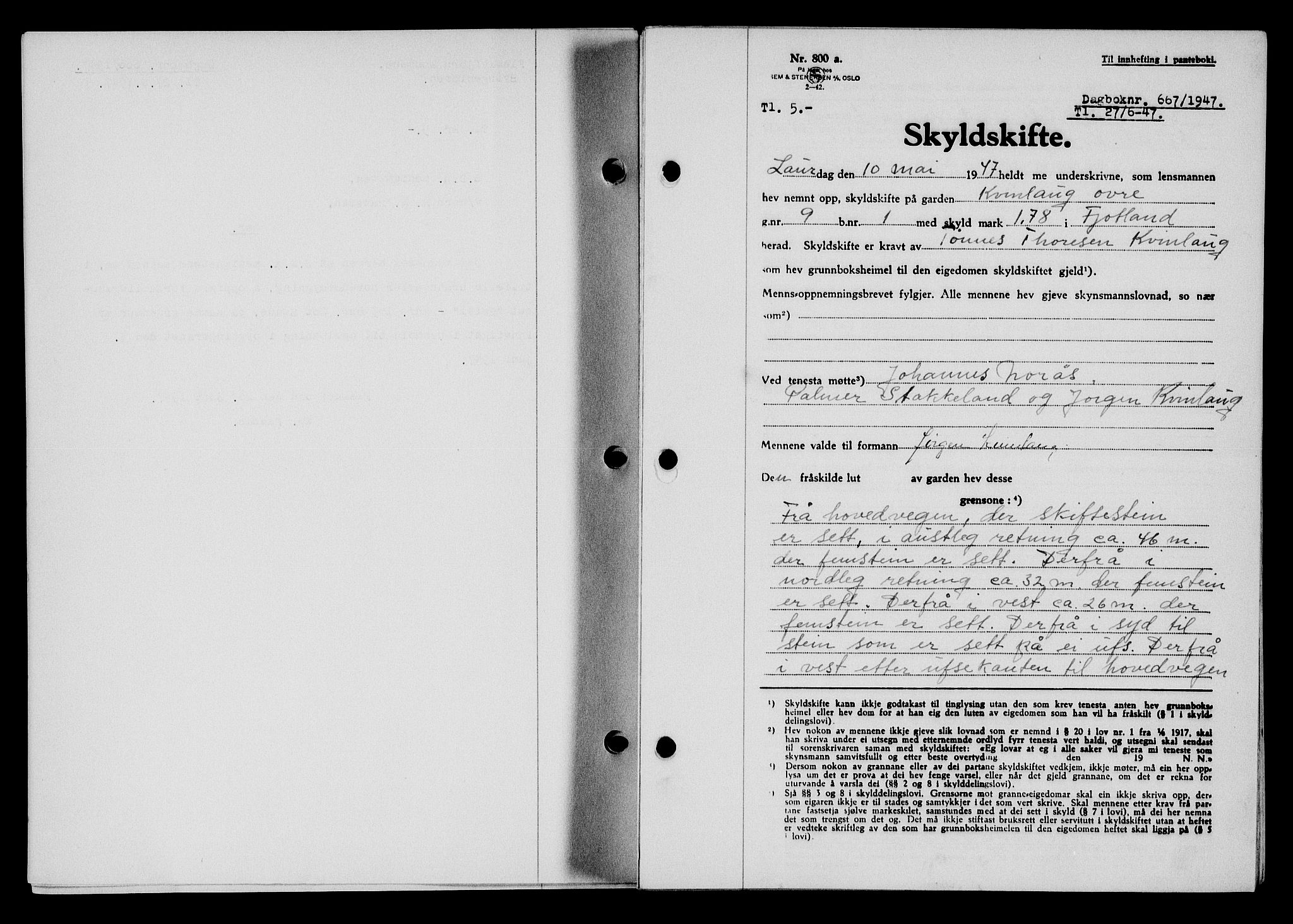 Flekkefjord sorenskriveri, SAK/1221-0001/G/Gb/Gba/L0062: Mortgage book no. A-10, 1947-1947, Diary no: : 667/1947