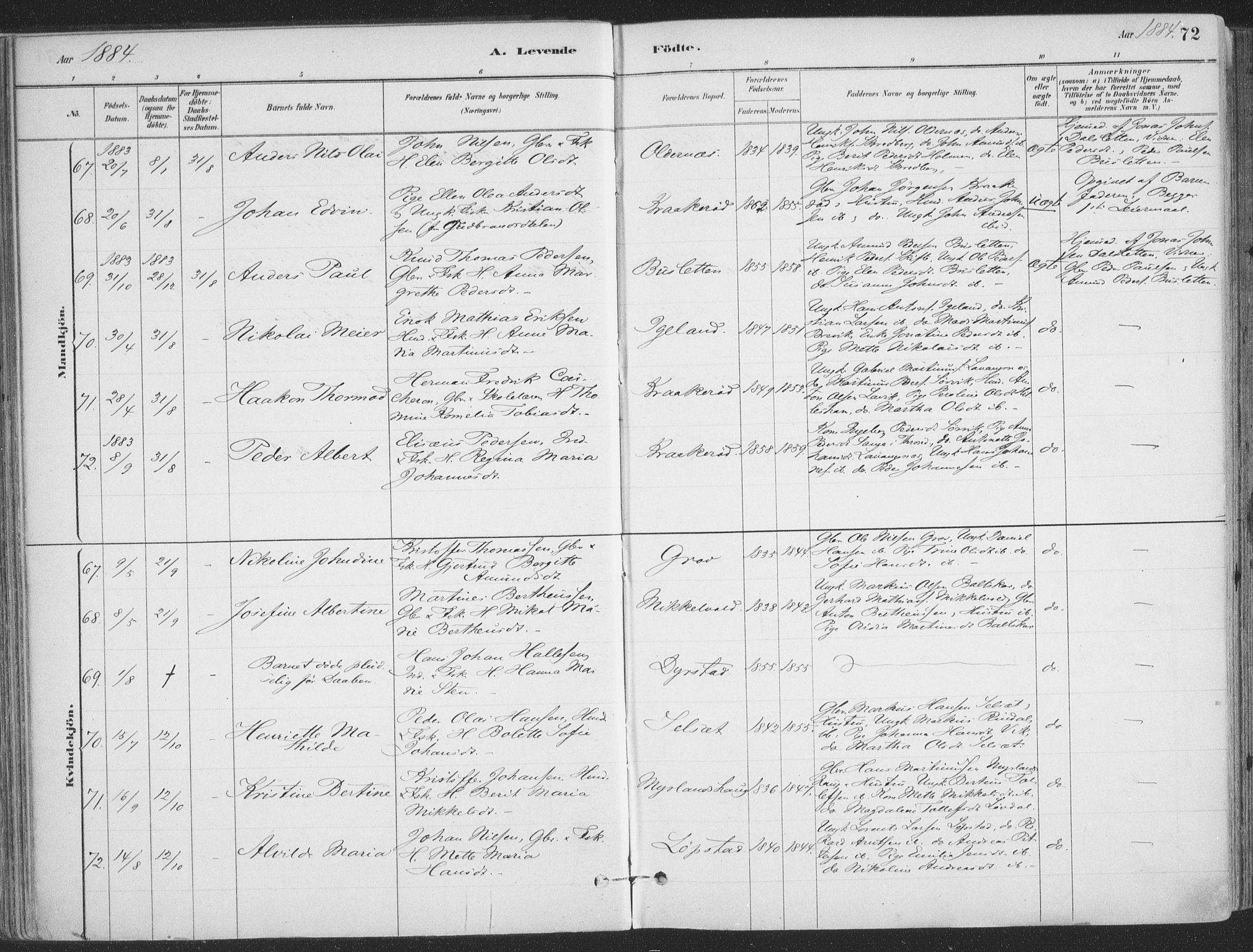 Ibestad sokneprestembete, AV/SATØ-S-0077/H/Ha/Haa/L0011kirke: Parish register (official) no. 11, 1880-1889, p. 72