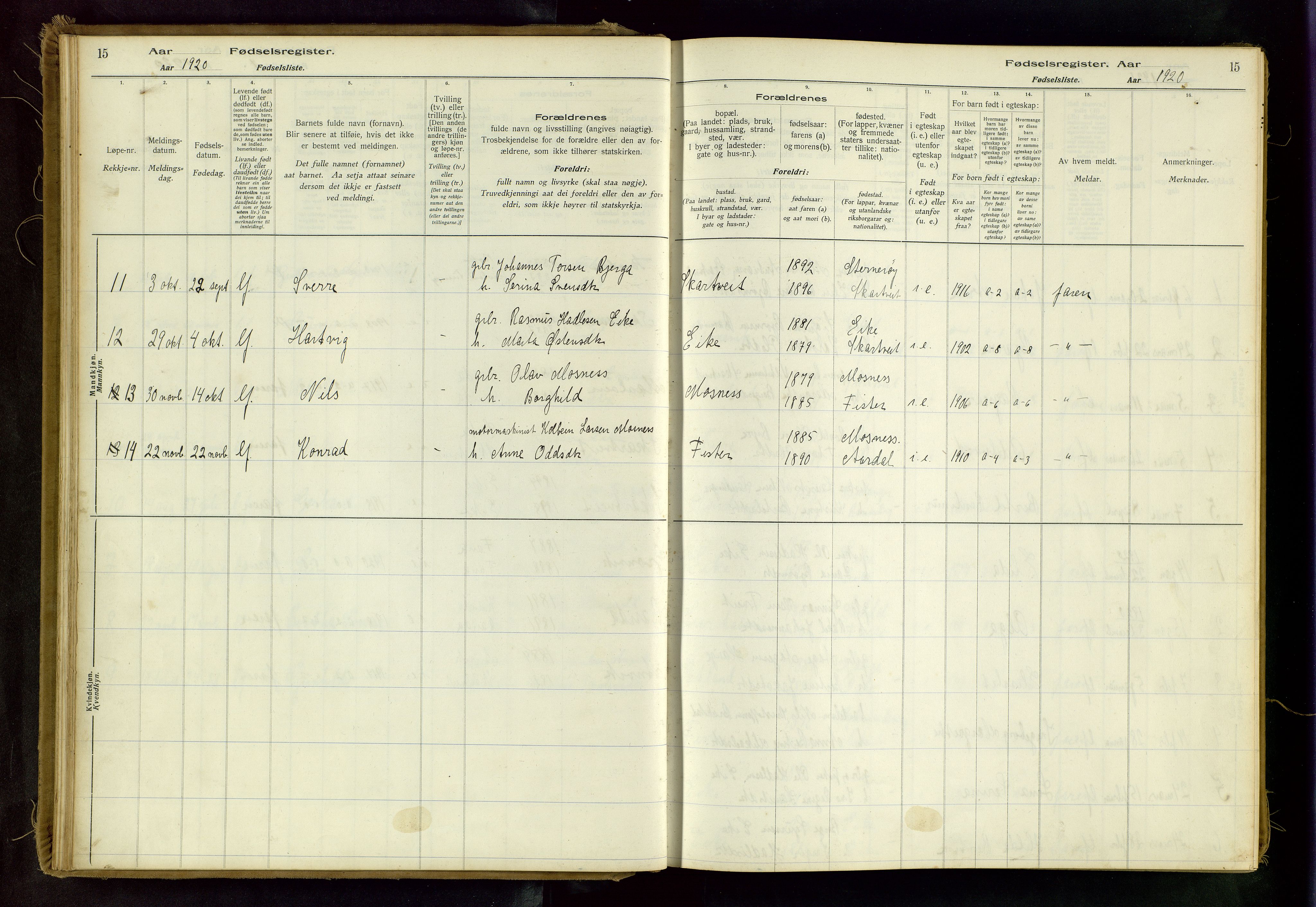 Hjelmeland sokneprestkontor, AV/SAST-A-101843/02/B/L0003: Birth register no. 3, 1916-1997, p. 15