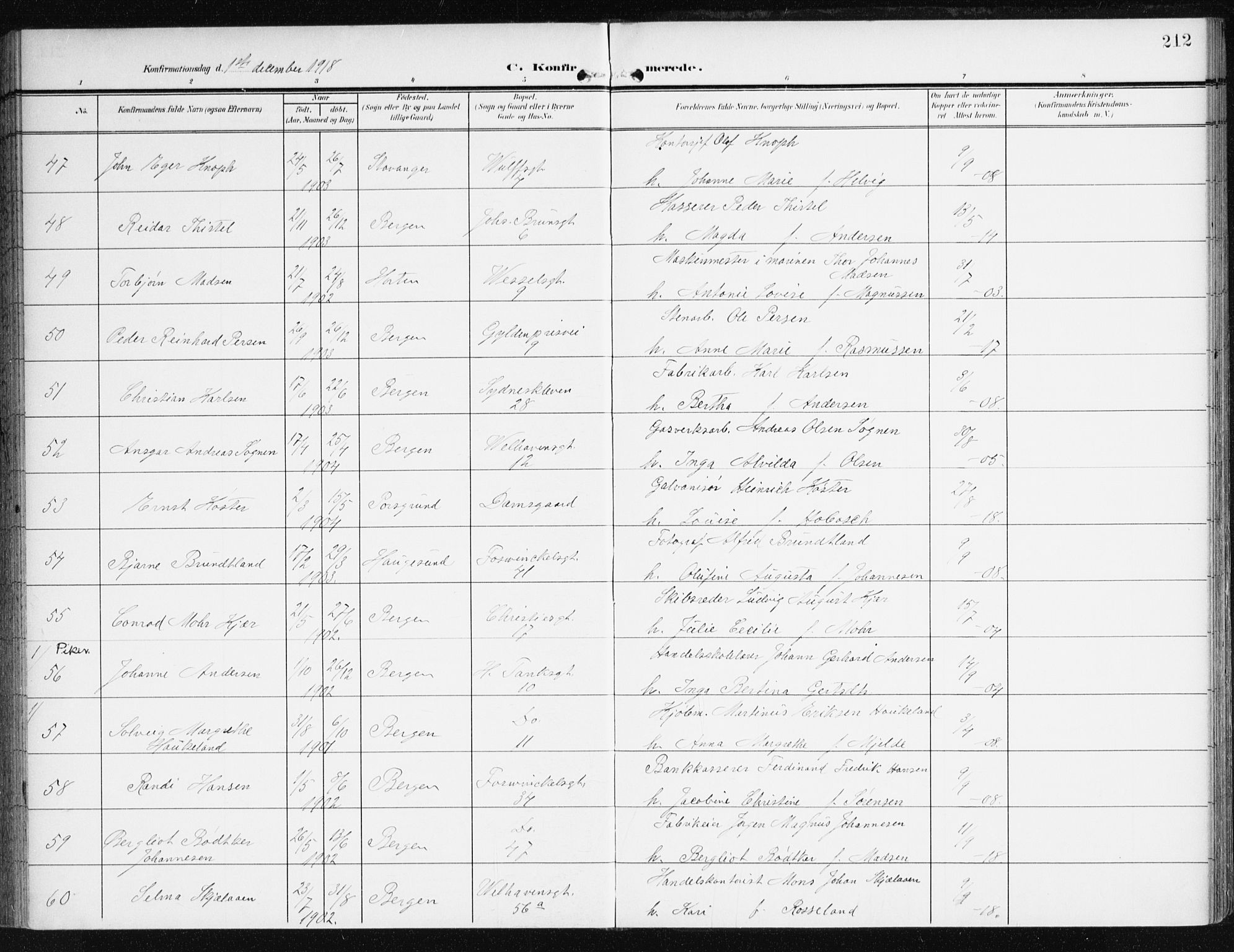 Johanneskirken sokneprestembete, AV/SAB-A-76001/H/Haa/L0009: Parish register (official) no. C 2, 1907-1924, p. 212