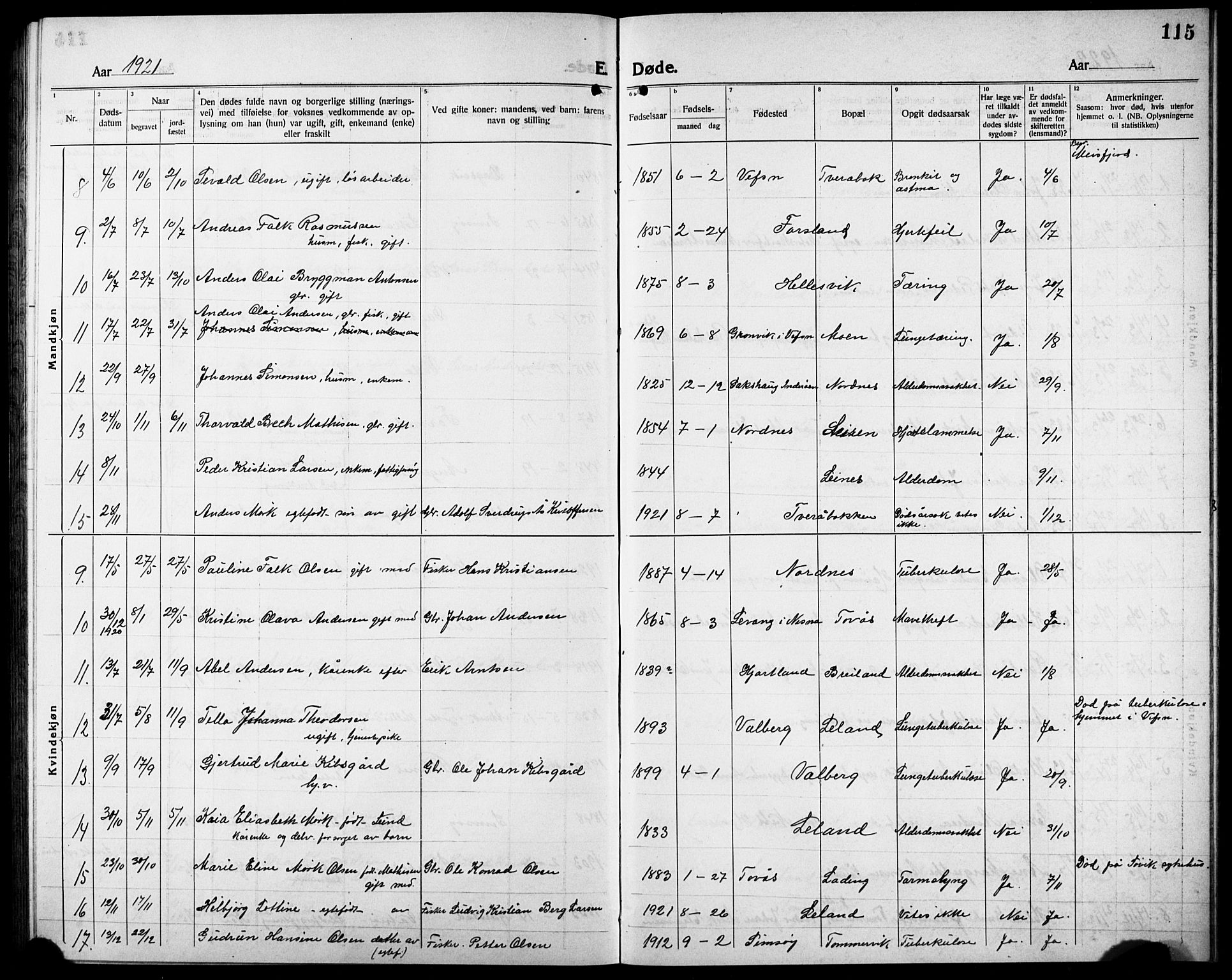 Ministerialprotokoller, klokkerbøker og fødselsregistre - Nordland, AV/SAT-A-1459/832/L0495: Parish register (copy) no. 832C02, 1920-1932, p. 115