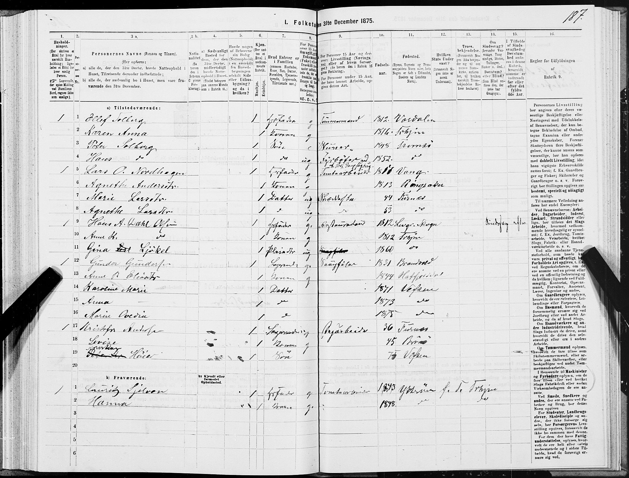 SAT, 1875 census for 1824L Vefsn/Vefsn, 1875, p. 2187