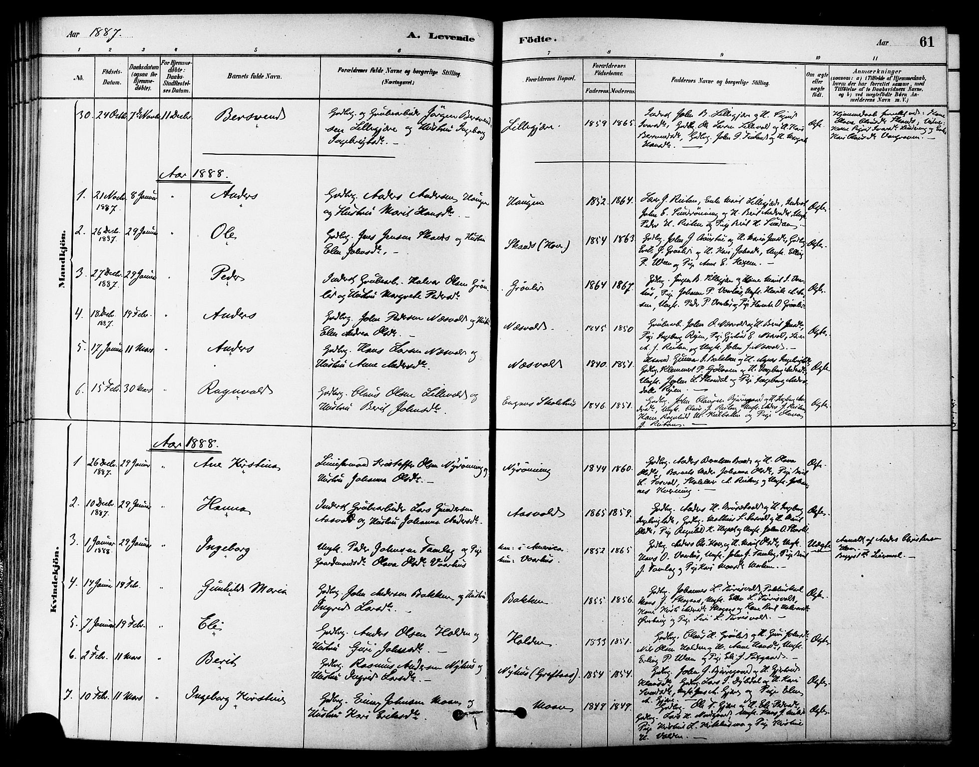 Ministerialprotokoller, klokkerbøker og fødselsregistre - Sør-Trøndelag, AV/SAT-A-1456/686/L0983: Parish register (official) no. 686A01, 1879-1890, p. 61