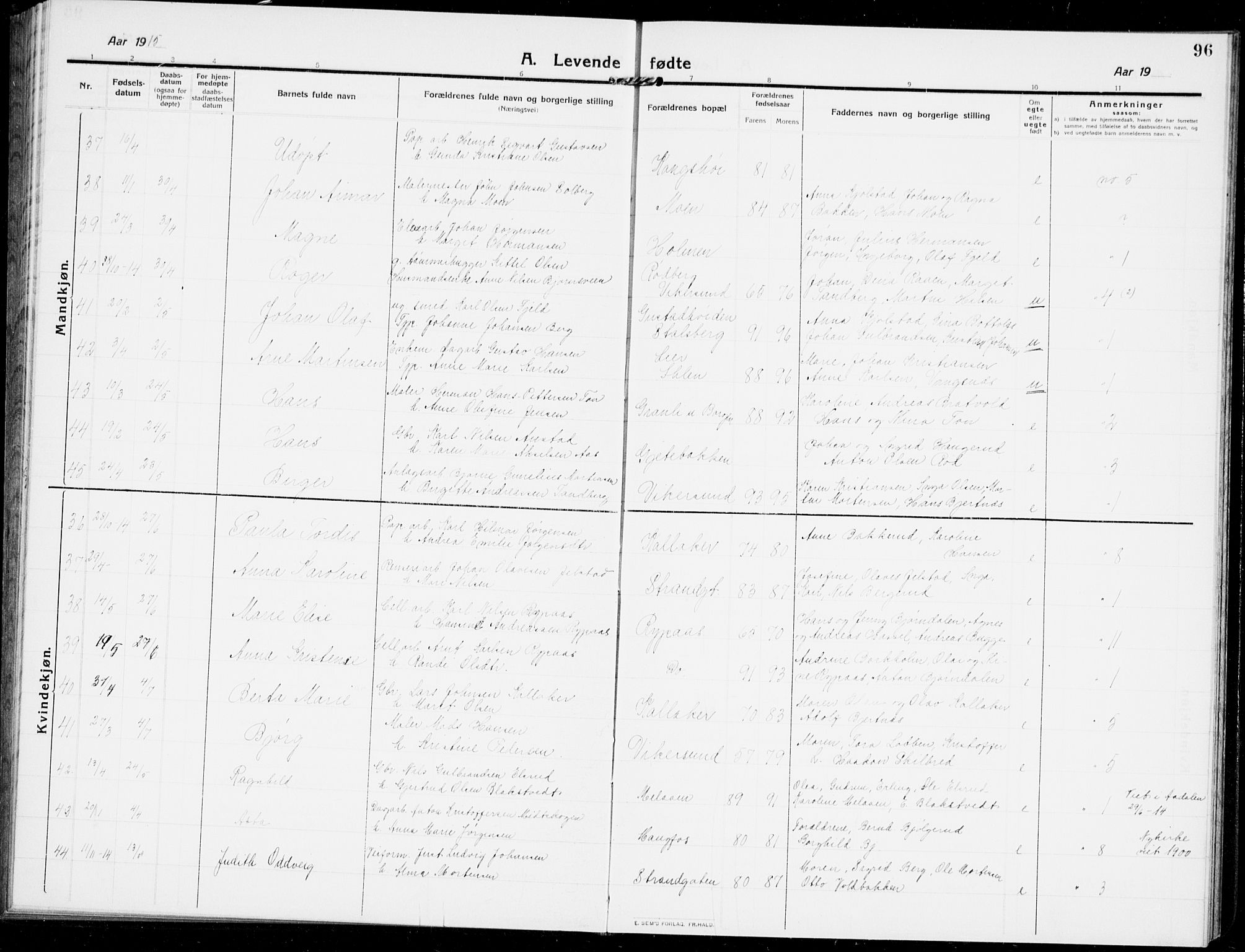 Modum kirkebøker, AV/SAKO-A-234/G/Ga/L0009: Parish register (copy) no. I 9, 1909-1923, p. 96