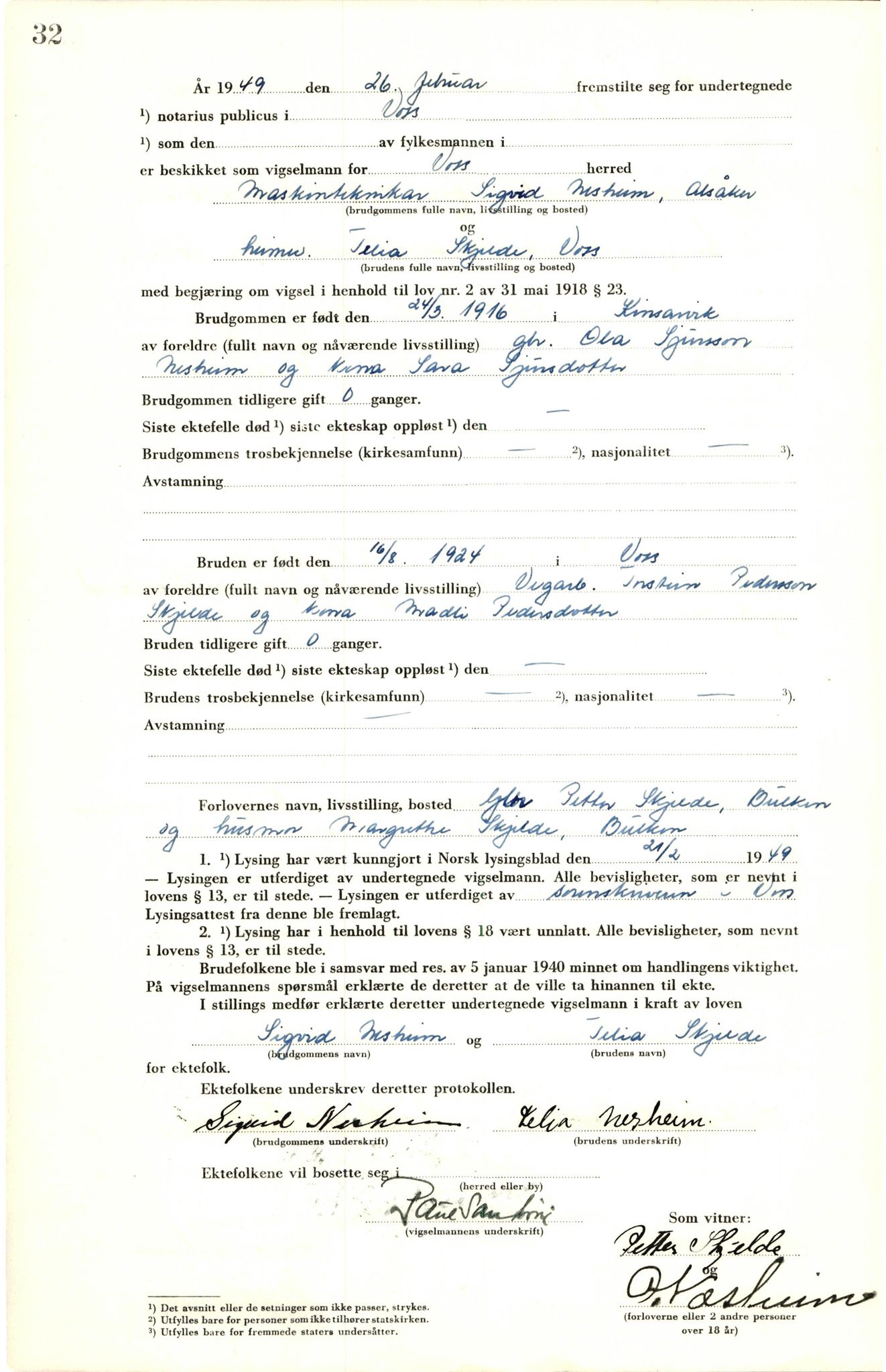 Voss sorenskrivar, AV/SAB-A-2701/M/Maa/L0003: Vigselbok, 1945-1969, p. 32