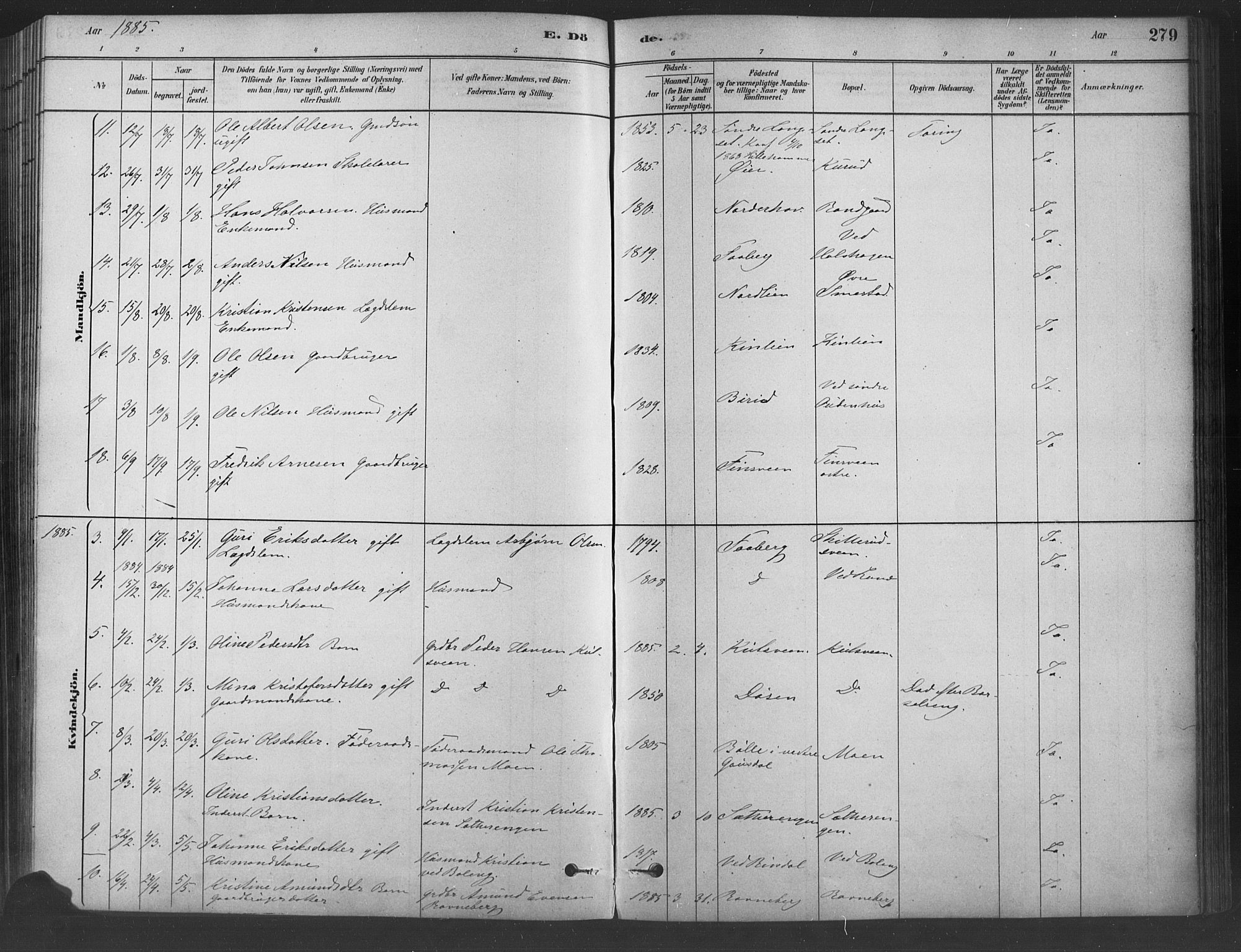 Fåberg prestekontor, SAH/PREST-086/H/Ha/Haa/L0009: Parish register (official) no. 9, 1879-1898, p. 279
