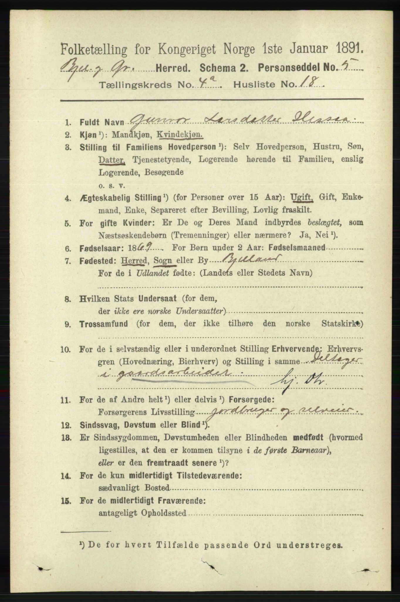 RA, 1891 census for 1024 Bjelland og Grindheim, 1891, p. 2201