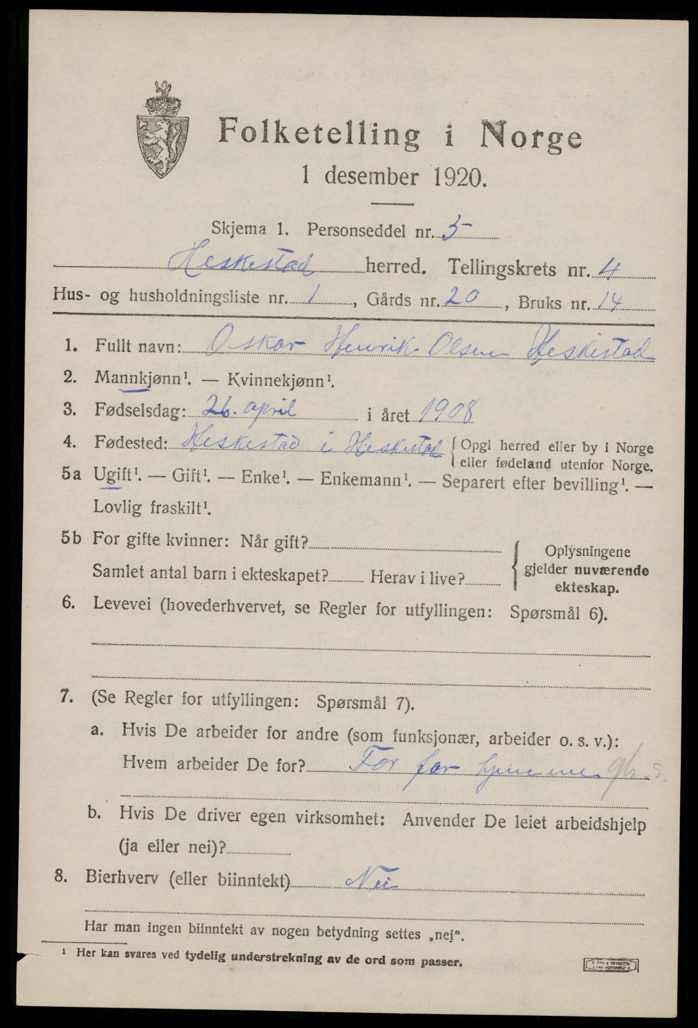 SAST, 1920 census for Heskestad, 1920, p. 1427