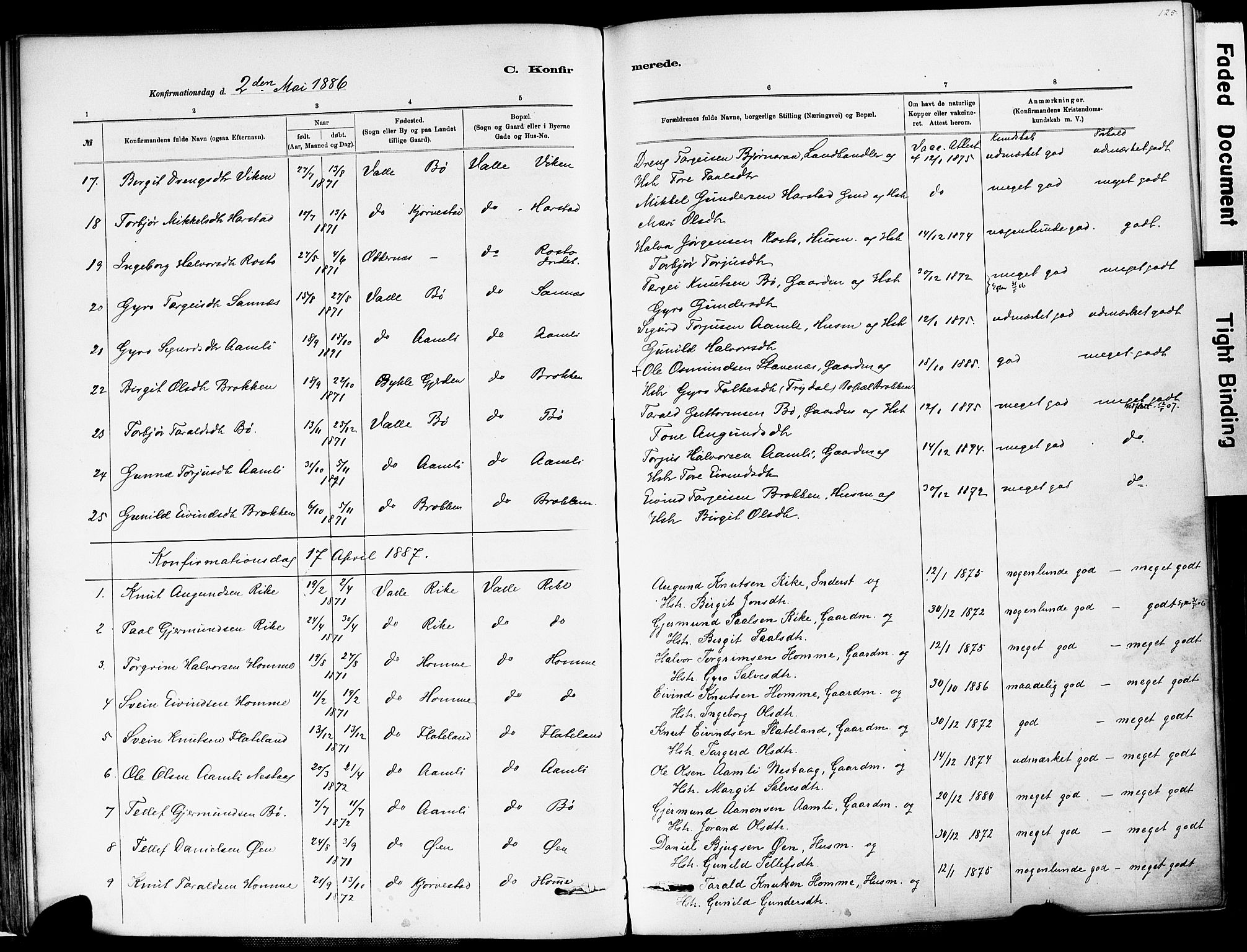 Valle sokneprestkontor, SAK/1111-0044/F/Fa/Fac/L0009: Parish register (official) no. A 9, 1882-1913, p. 125